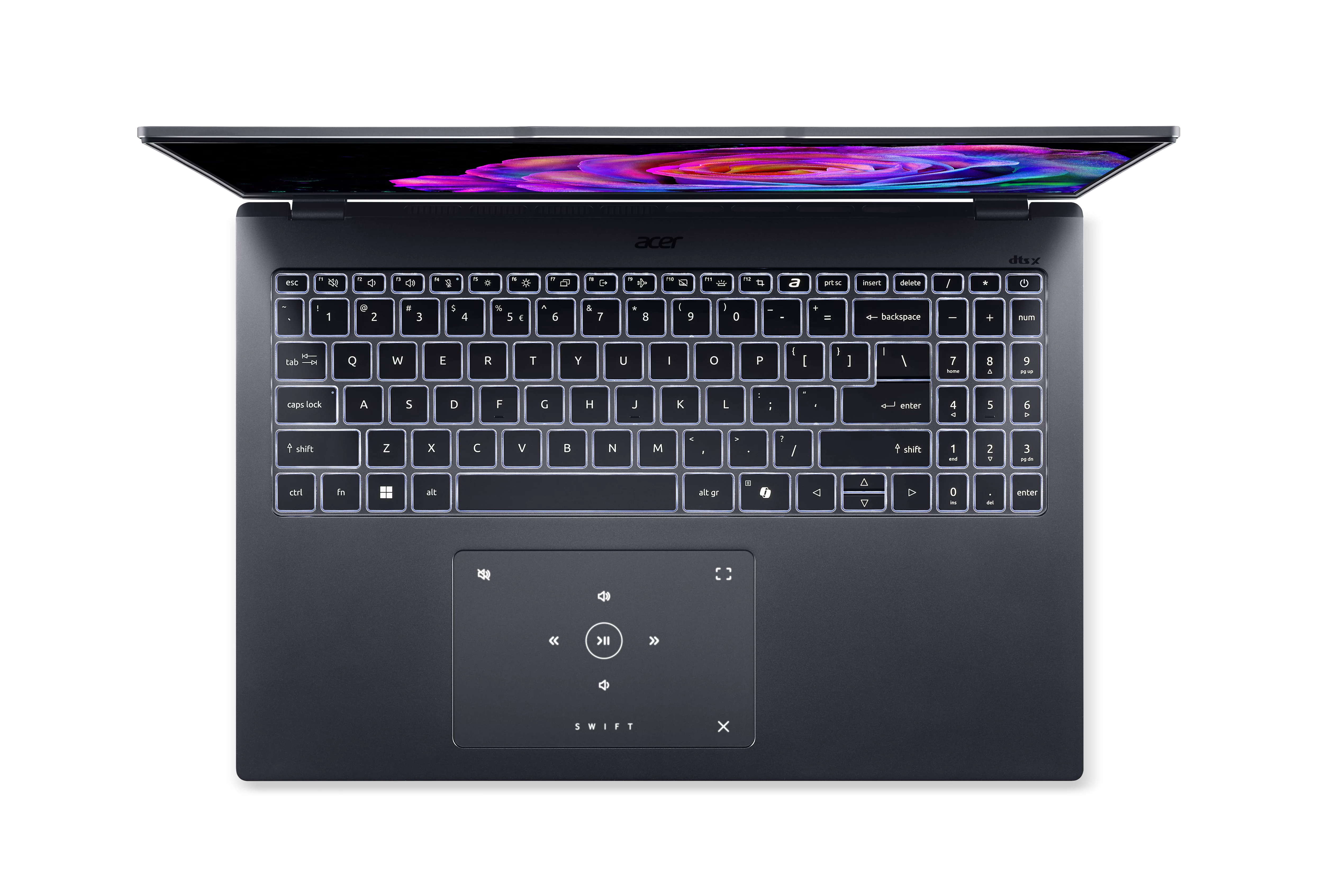 Laptop z otwartym ekranem, widoczną klawiaturą i panelem dotykowym. Ekran wyświetla kolorową grafikę. Widoczne logo Acer.