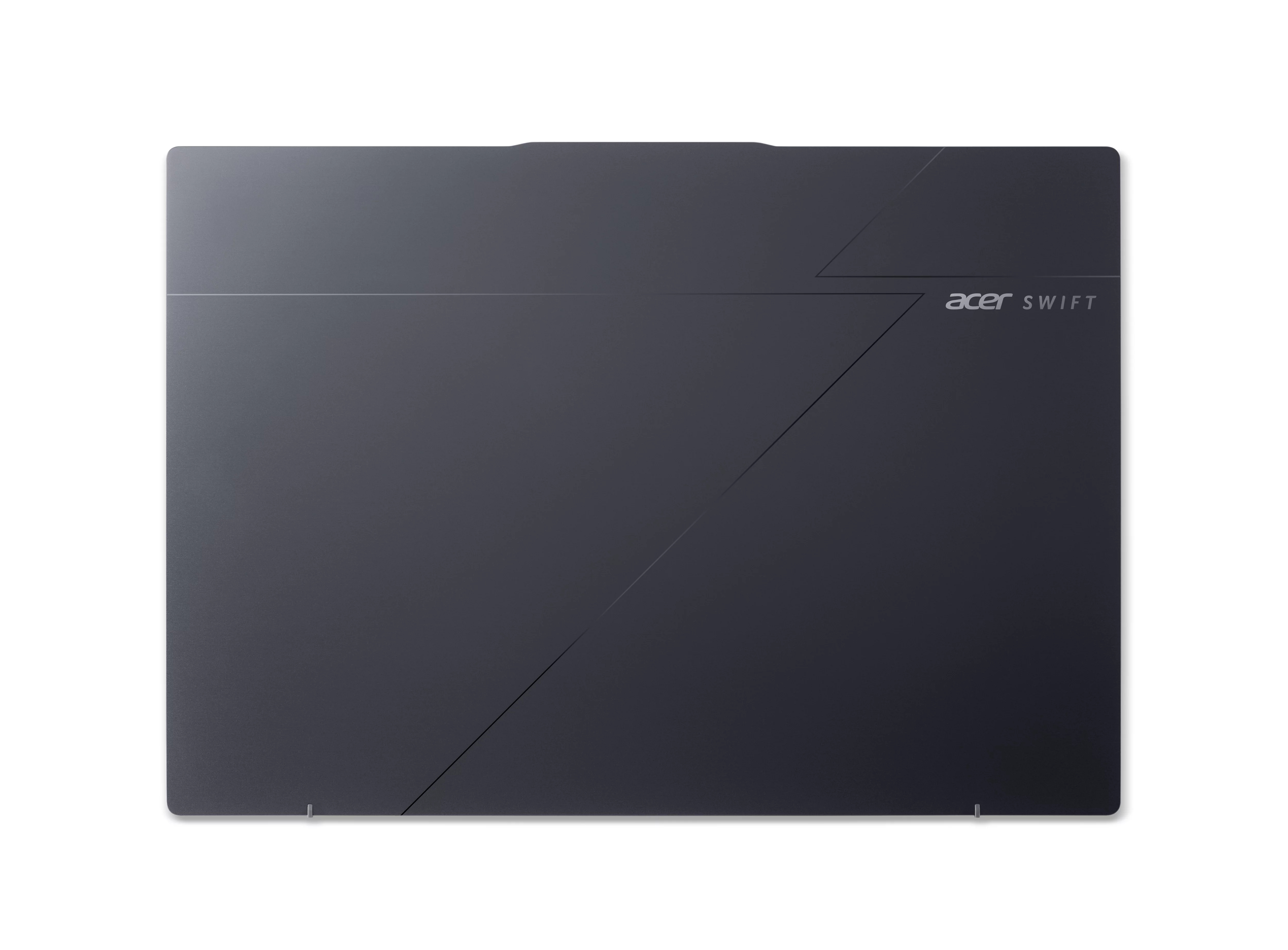 Ciemnoszara pokrywa laptopa z logo Acer Swift. Przekątne i poziome linie na pokrywie. Białe tło.