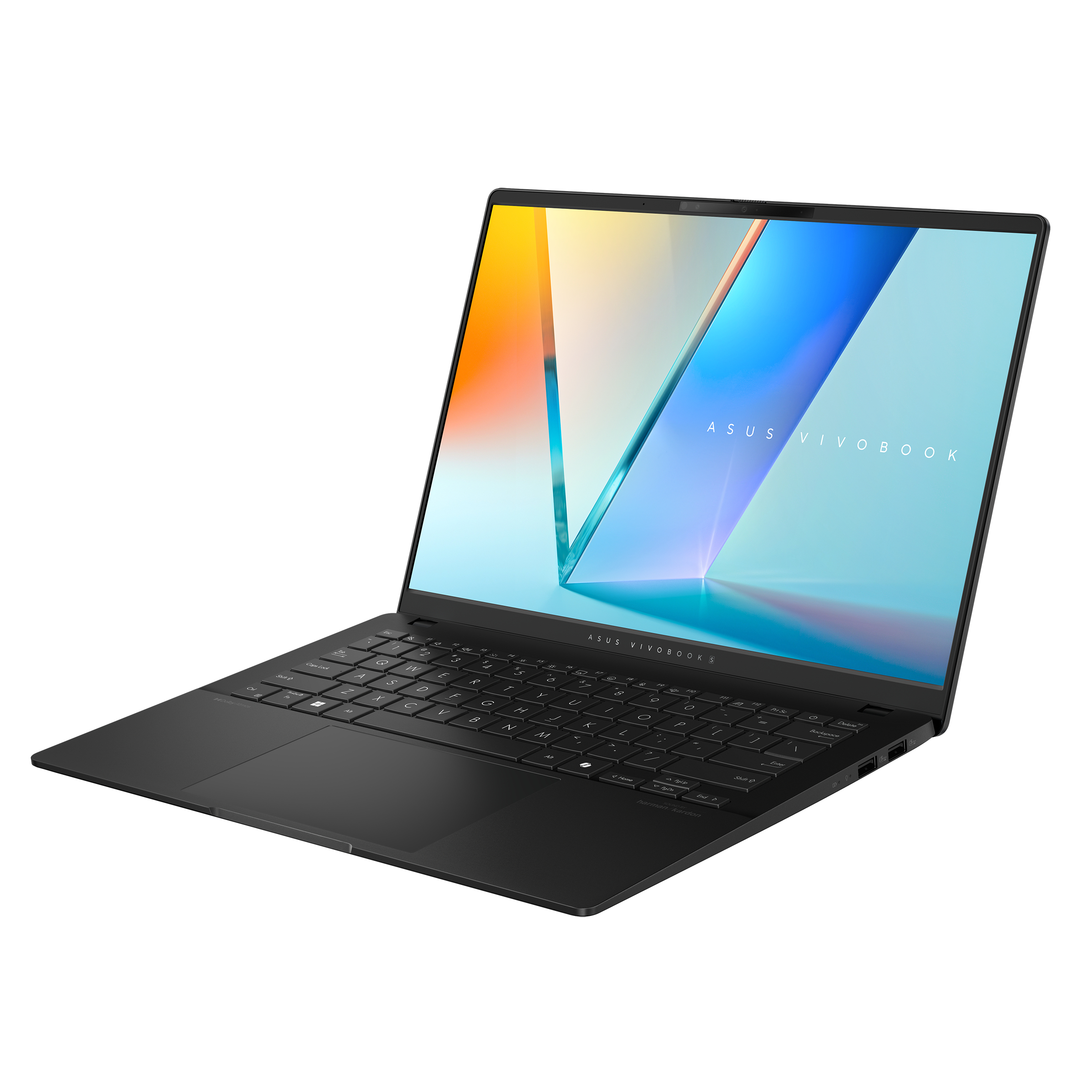 Czarny laptop ASUS Vivobook otwarty na białym tle, ekran wyświetla abstrakcyjną grafikę.