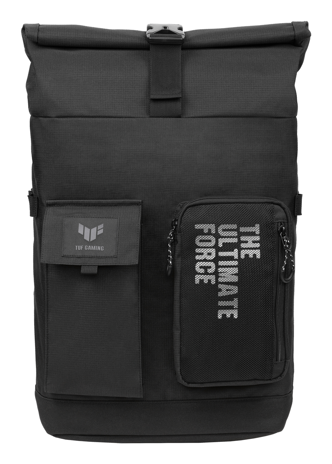 Schwarzer Rucksack mit Rollverschluss, mehreren Taschen und dem Text "THE ULTIMATE FORCE". Er hat eine Schnalle und ein kleines Logo.