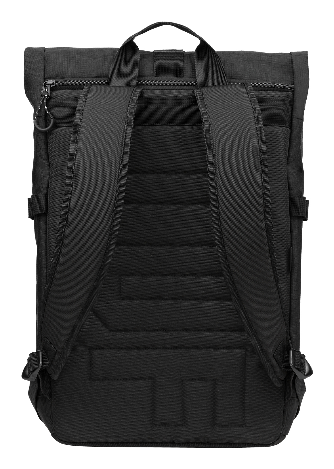 Ein schwarzer Rucksack mit zwei Schultergurten und einem oberen Griff. Er hat einen Reißverschluss und ein gepolstertes Rückenteil.