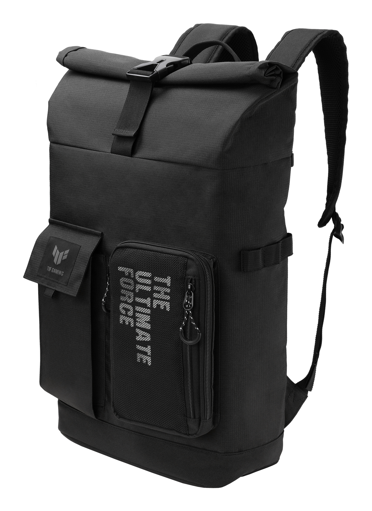 Schwarzer Rucksack mit mehreren Fächern und Taschen. Er hat einen Klappverschluss und Schultergurte. Auf der Vorderseite steht 'The Ultimate Force'.