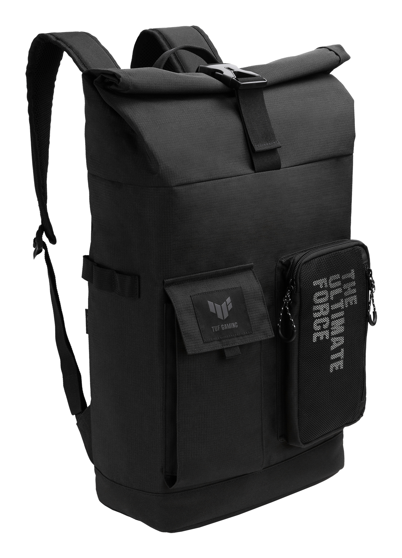 Schwarzer Rucksack mit mehreren Taschen, dem Text "The Ultimate Force" und dem TUF Gaming Logo auf weißem Hintergrund.