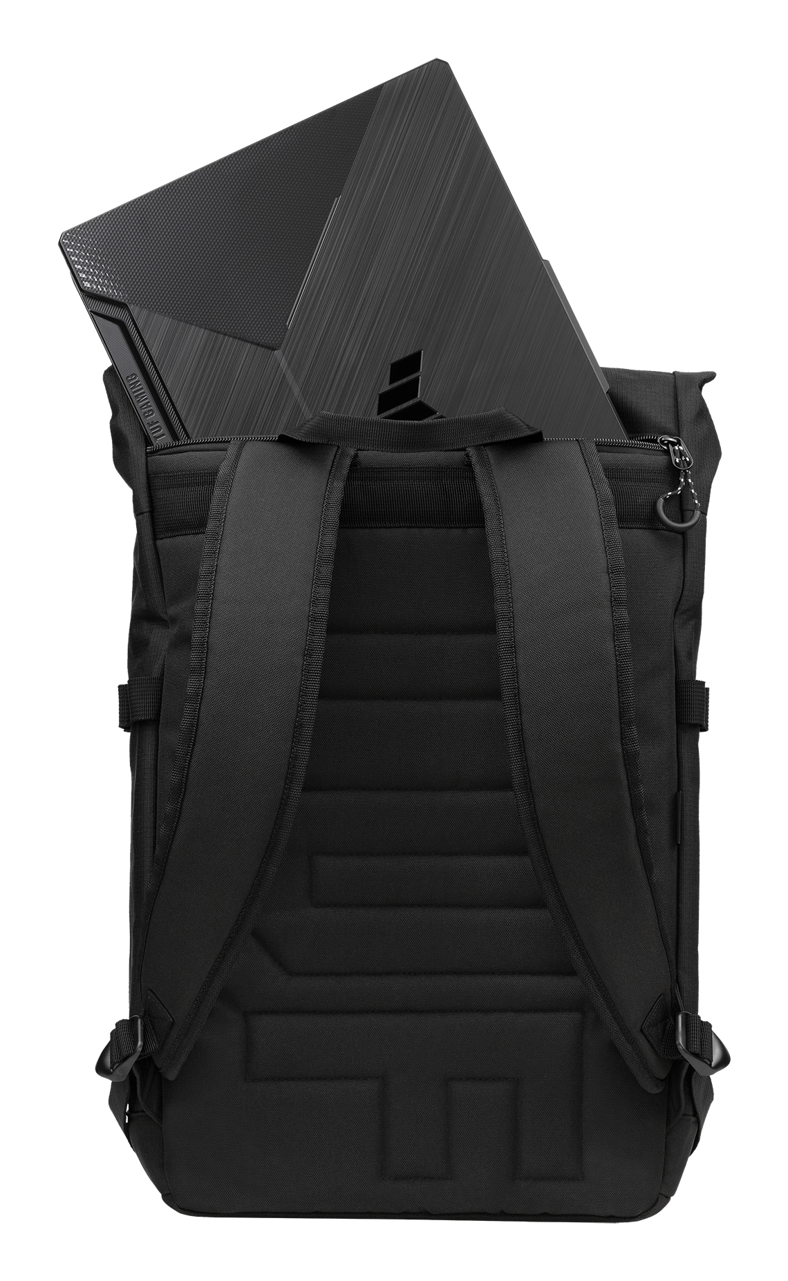 Ein schwarzer Rucksack mit einem schwarzen Laptop. Der Rucksack hat zwei Schultergurte und einen Reißverschluss. Der Laptop ist teilweise sichtbar.