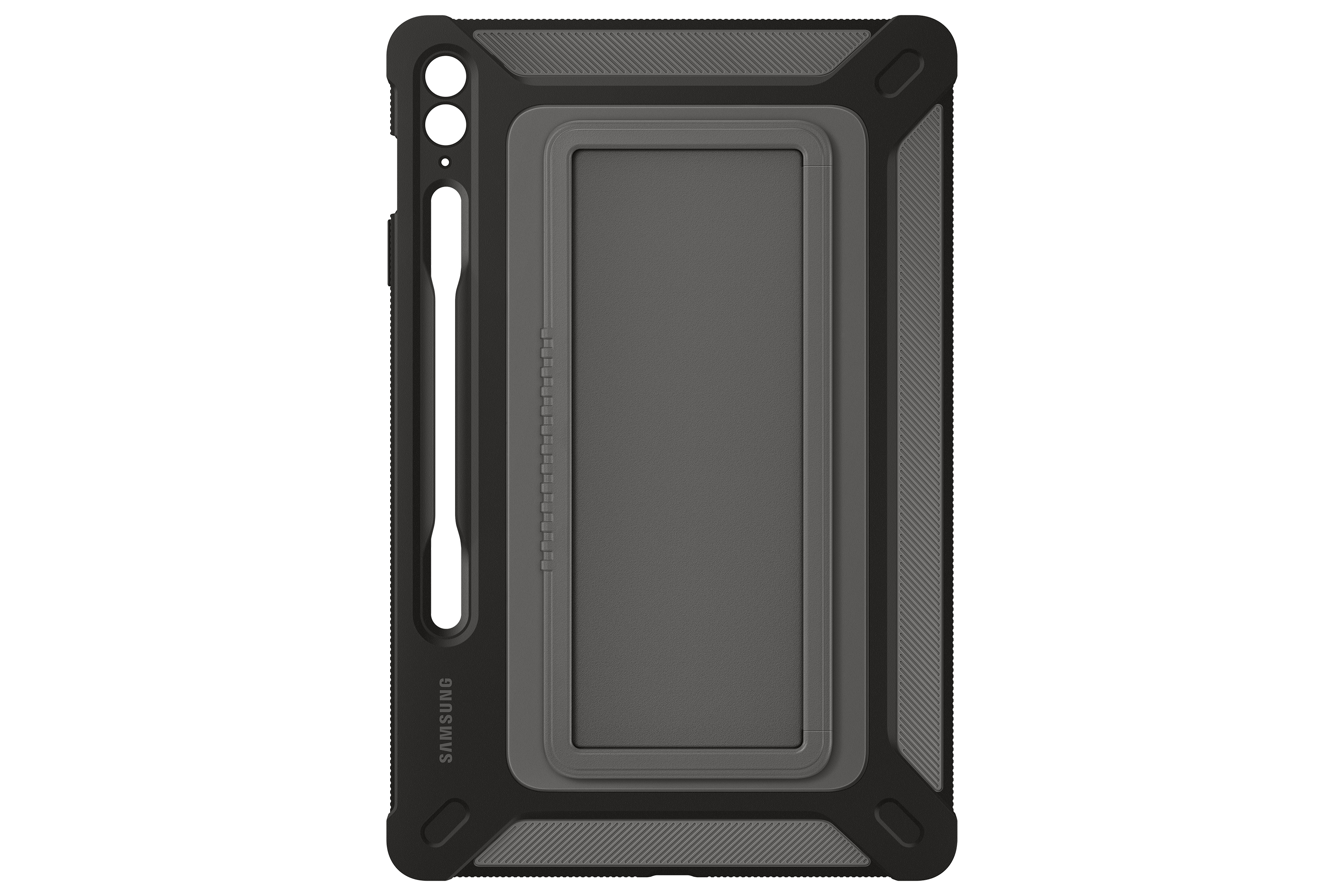 Una funda de tableta gris y negra. Tiene un soporte para lápiz, un recorte para la cámara y el logotipo de Samsung.