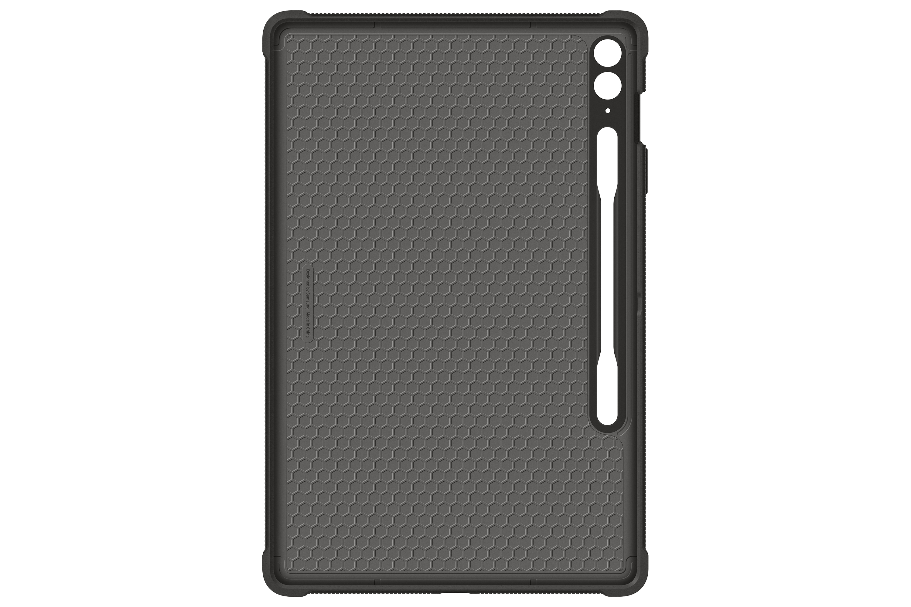 Funda para tableta, color negro, patrón hexagonal texturizado, con soporte para lápiz y aberturas para cámara, sobre fondo blanco.