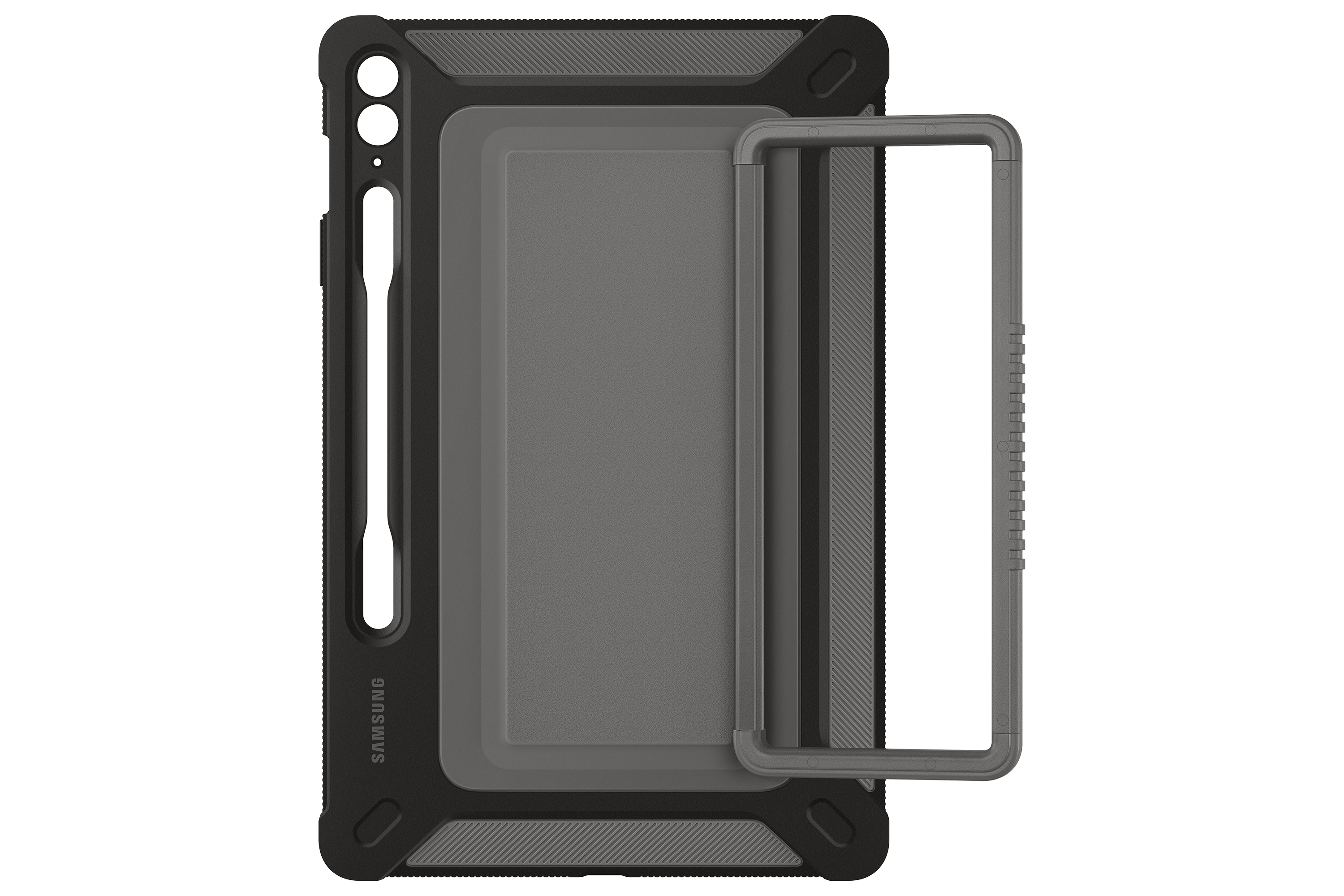 Una funda para tableta gris y negra. Tiene un soporte y un portalápices. La marca es Samsung.