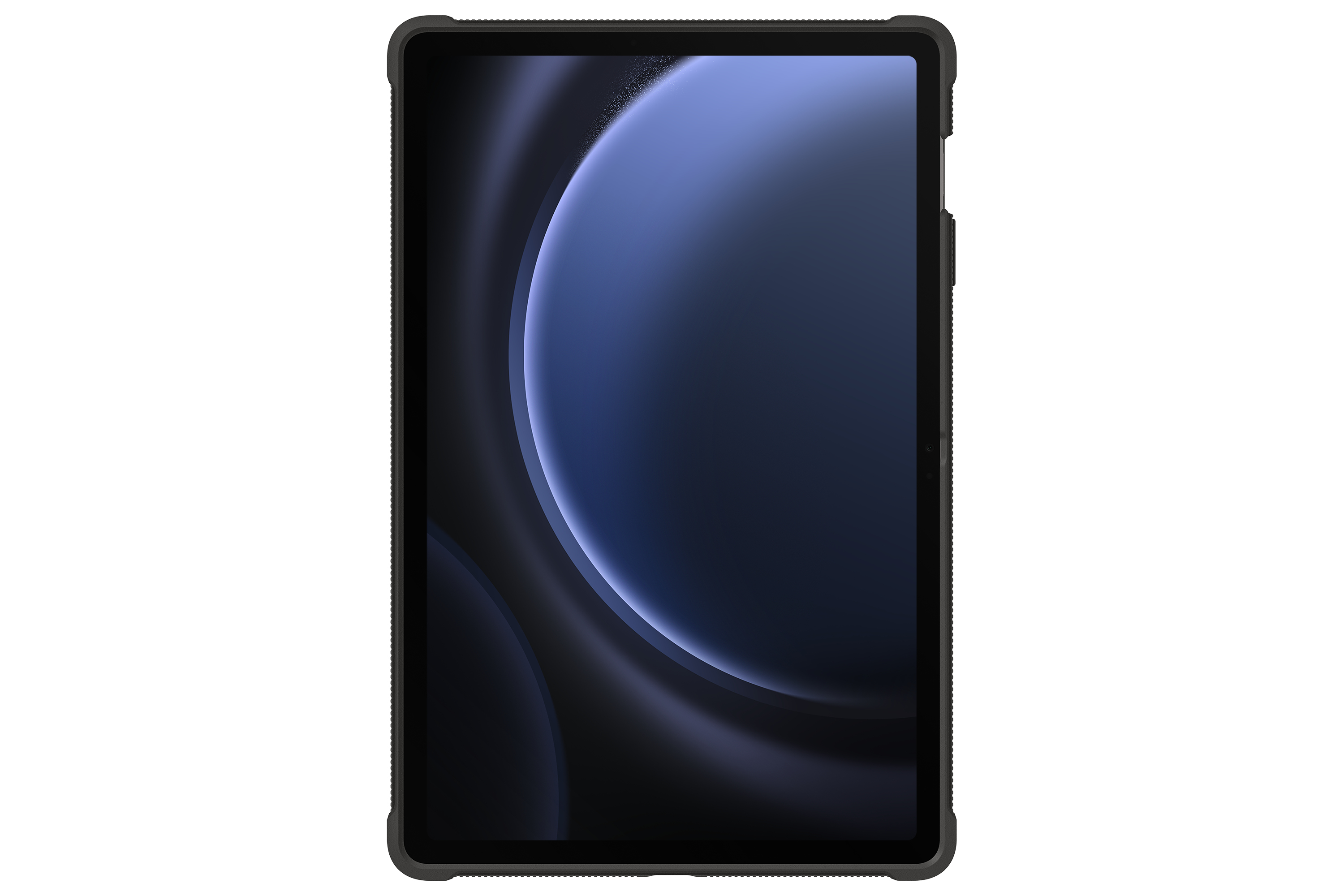 Tableta en funda negra, pantalla muestra formas abstractas azules, fondo blanco.