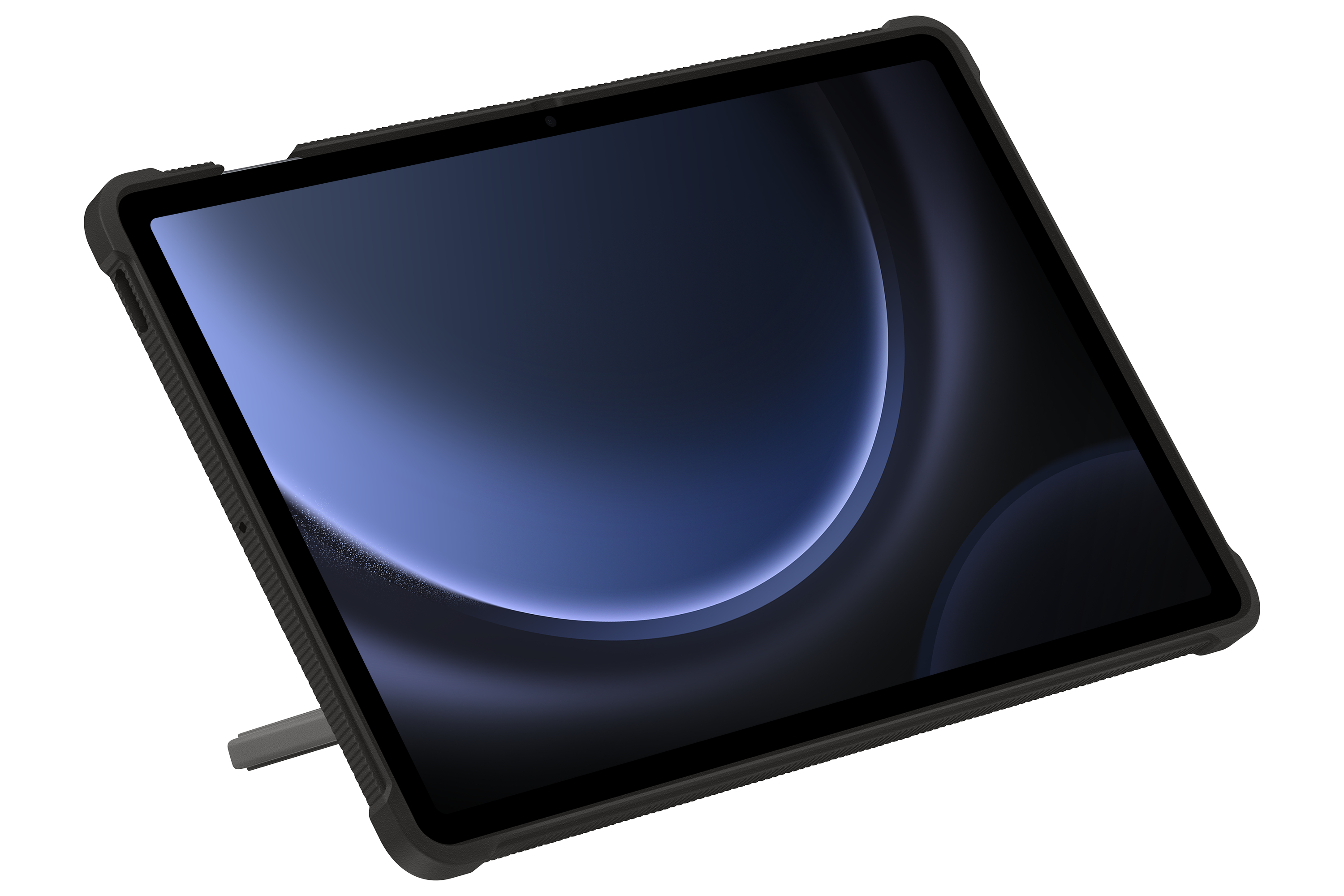 Una tableta con funda negra está apoyada. La pantalla muestra un degradado azul y negro. Fondo blanco.