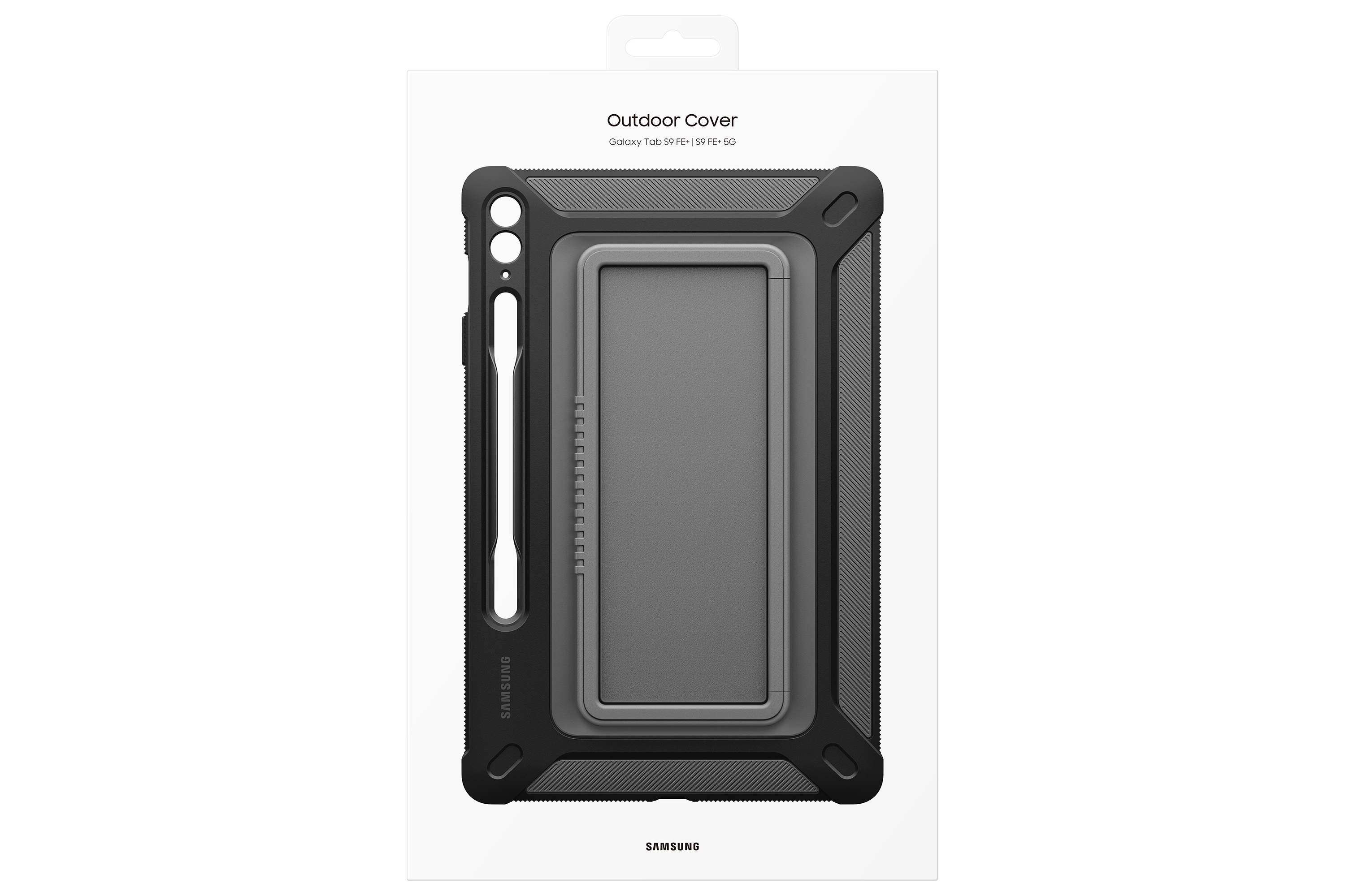 Funda exterior para tableta, colores negro y gris, en embalaje blanco. El logotipo de Samsung es visible.