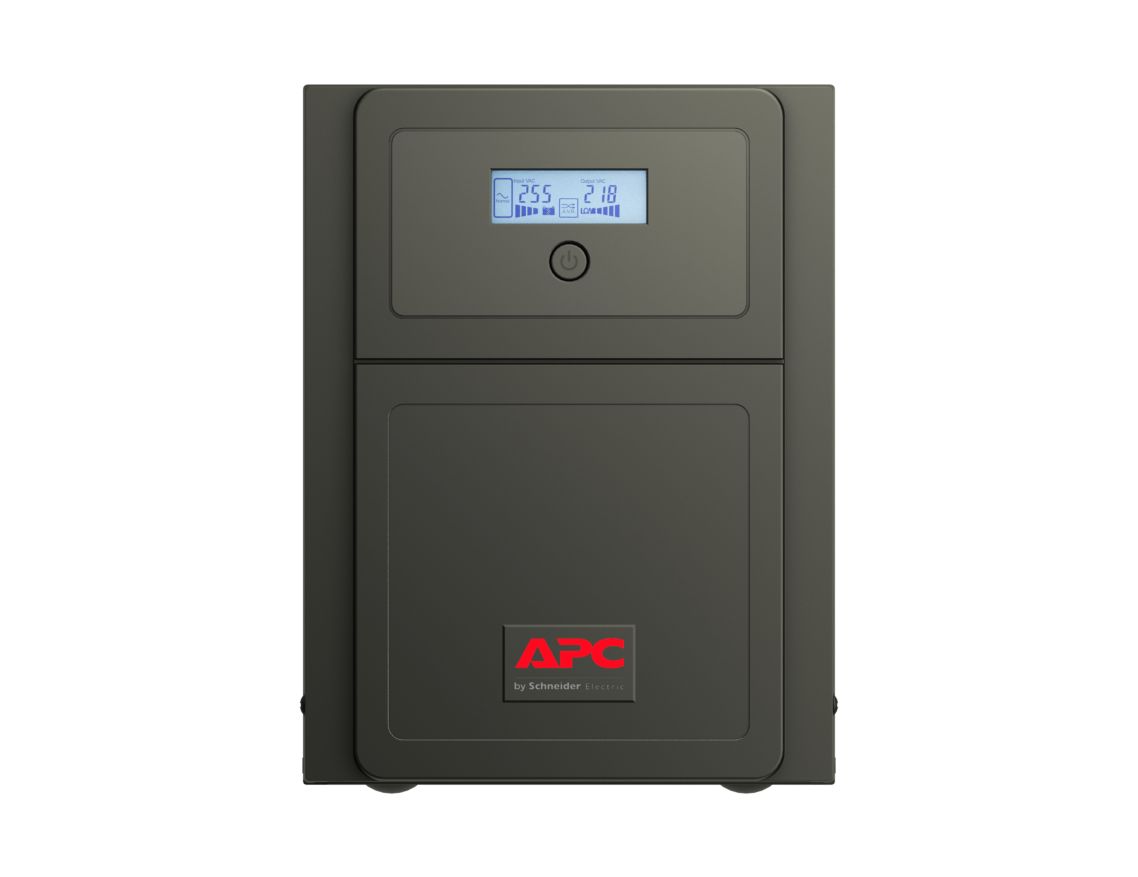 Un SAI APC gris oscuro. Tiene una pantalla que muestra voltaje y potencia. El logotipo de APC es visible.