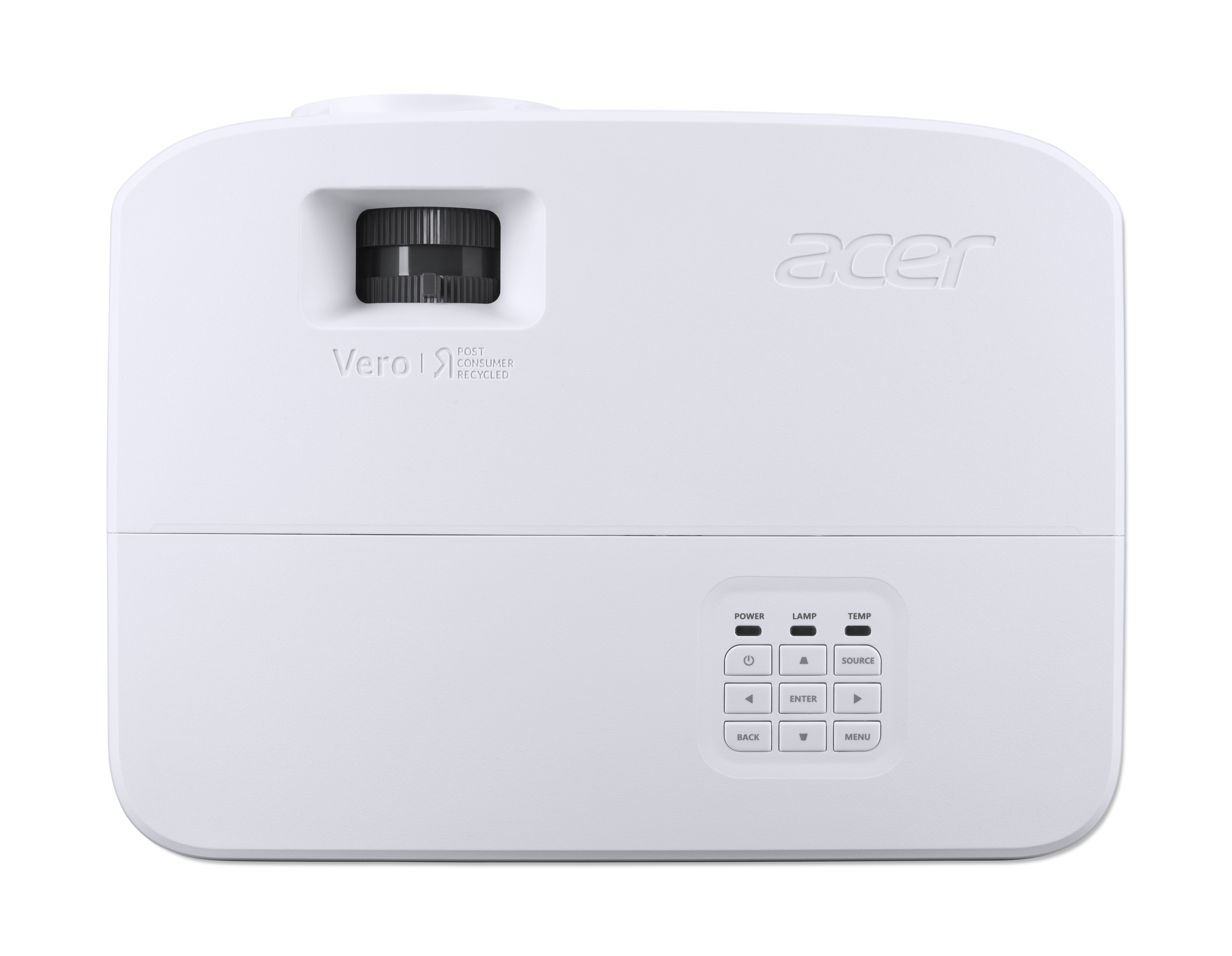Ein weißer Acer-Projektor. Er hat ein Objektiv, Steuertasten und das Acer-Logo. Text sagt 'Vero' und 'Post Consumer Recycled'.