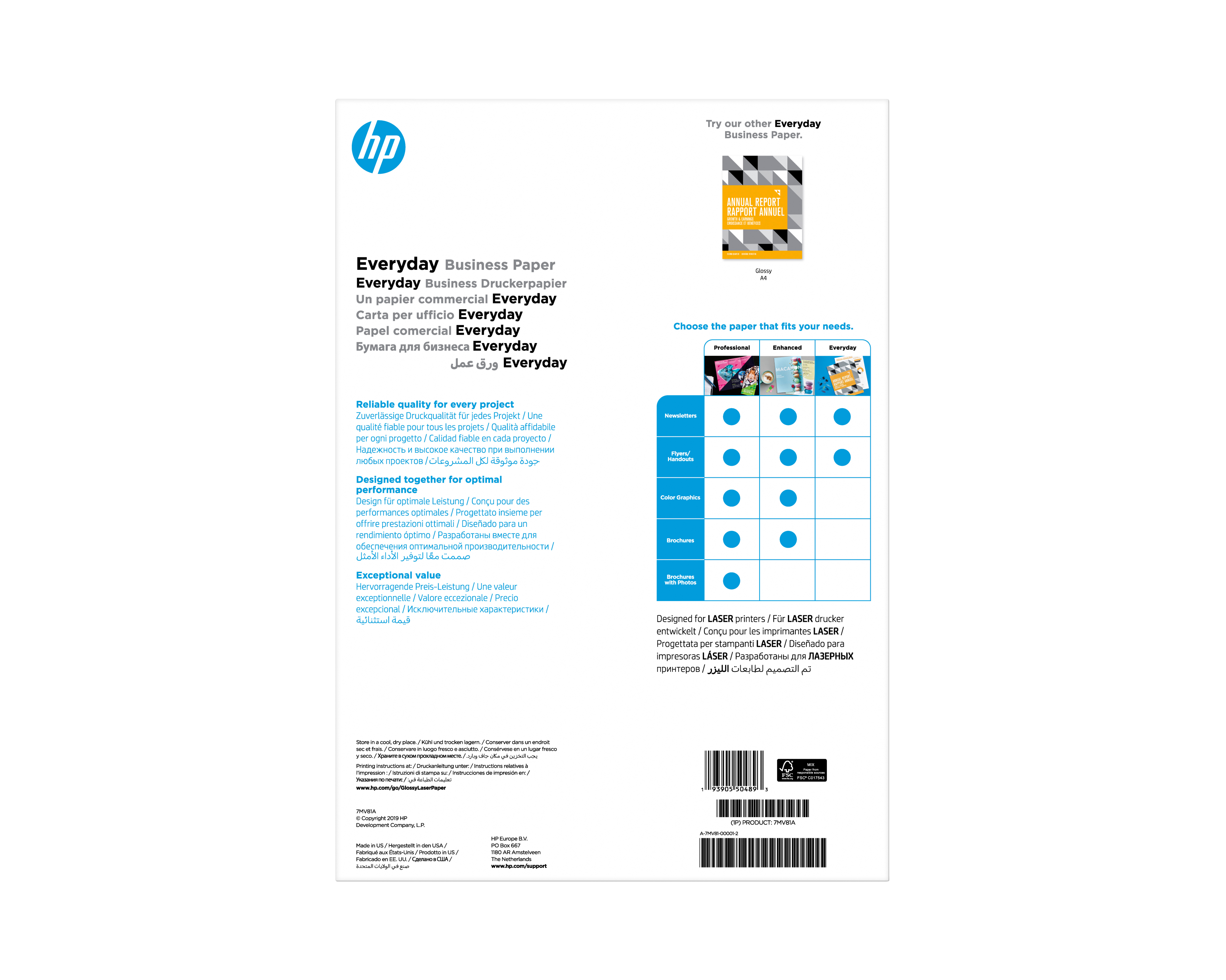 Obraz jest reklamą produktu HP Everyday Business Paper, pokazującą opakowanie papieru i tabelę kolorów.