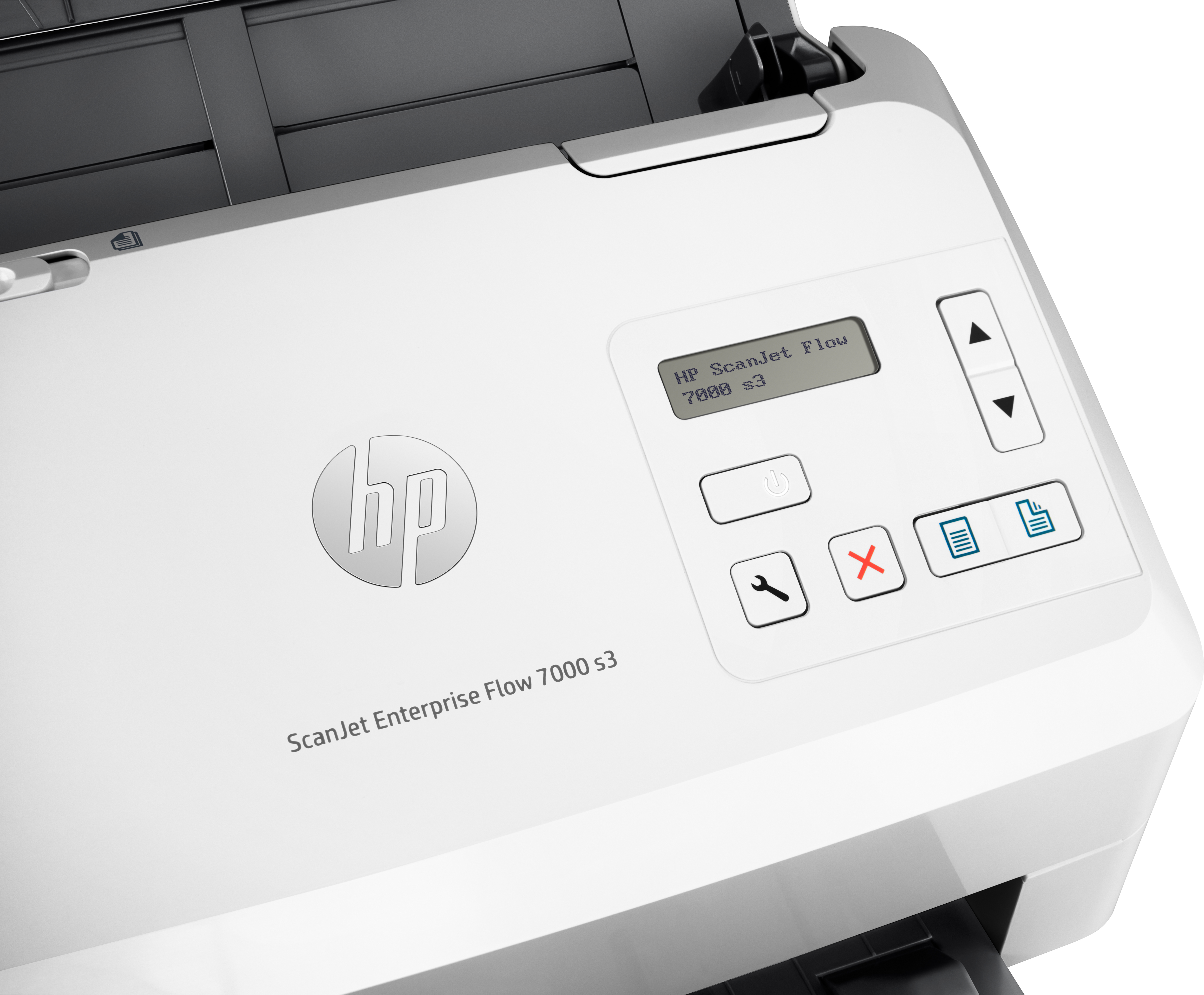 Biały skaner HP ScanJet Flow 7000 s3. Ma ekran i przyciski. Widoczne jest logo HP.