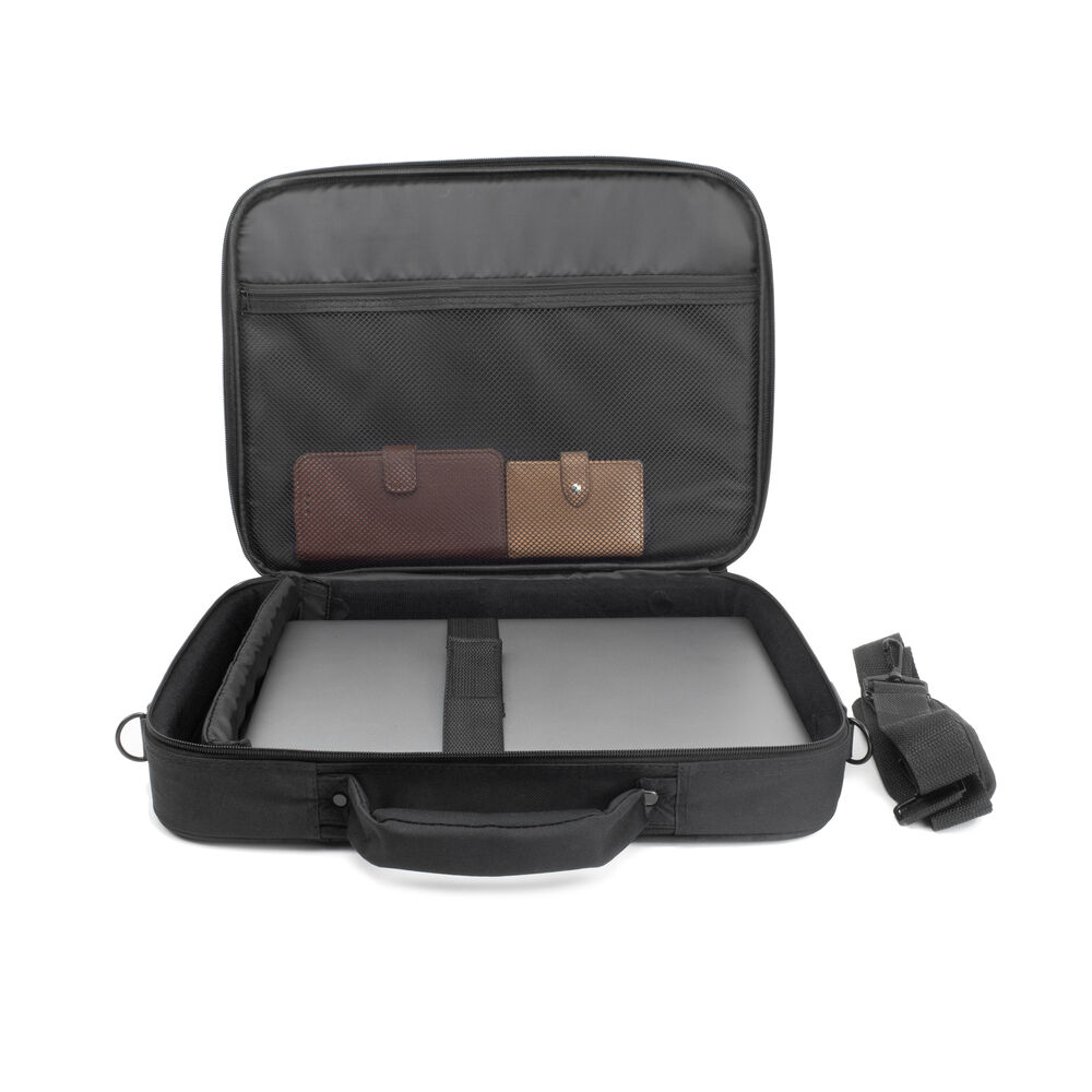 Offene schwarze Laptoptasche mit Laptop. Zwei Geldbörsen im oberen Fach. Ein Schultergurt befindet sich an der Seite.