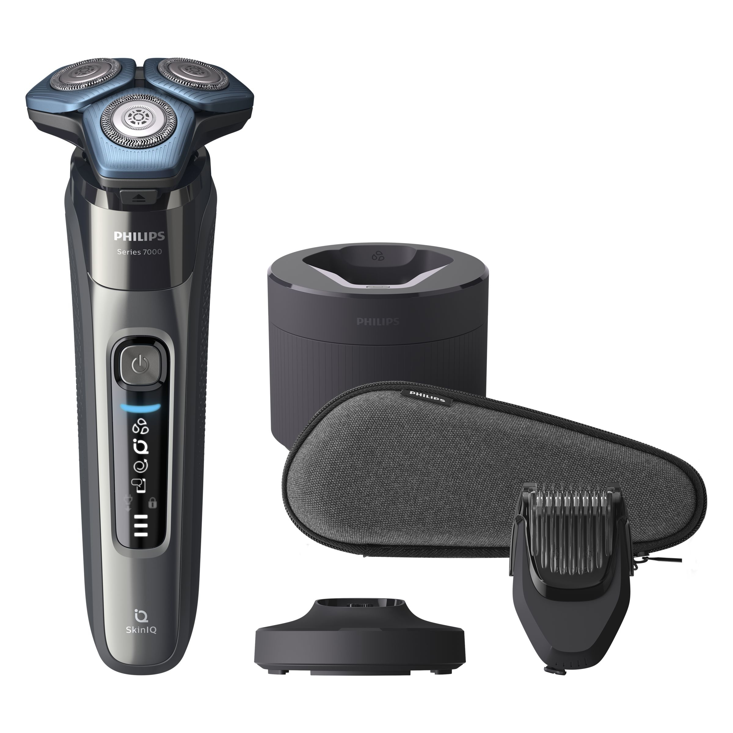 Una afeitadora eléctrica Philips Serie 7000 y accesorios, incluyendo una base de carga, estuche de viaje y accesorio recortador.