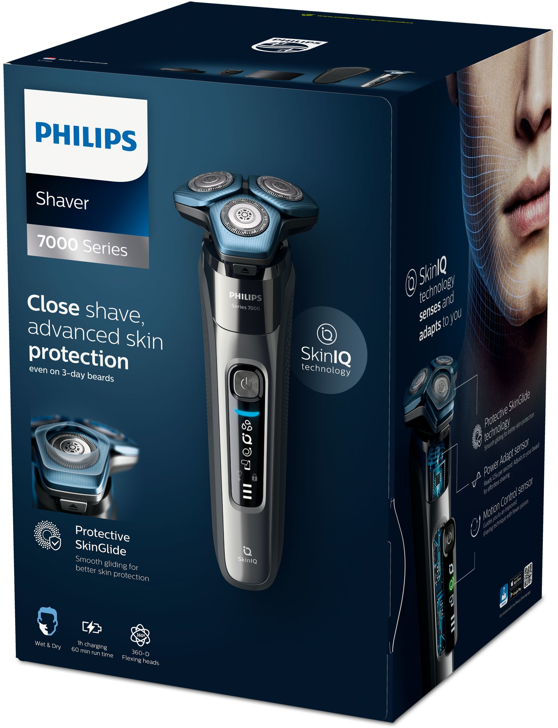 Afeitadora Philips en caja. Características: tecnología SkinIQ, SkinGlide protectora y sensor de control de movimiento.
