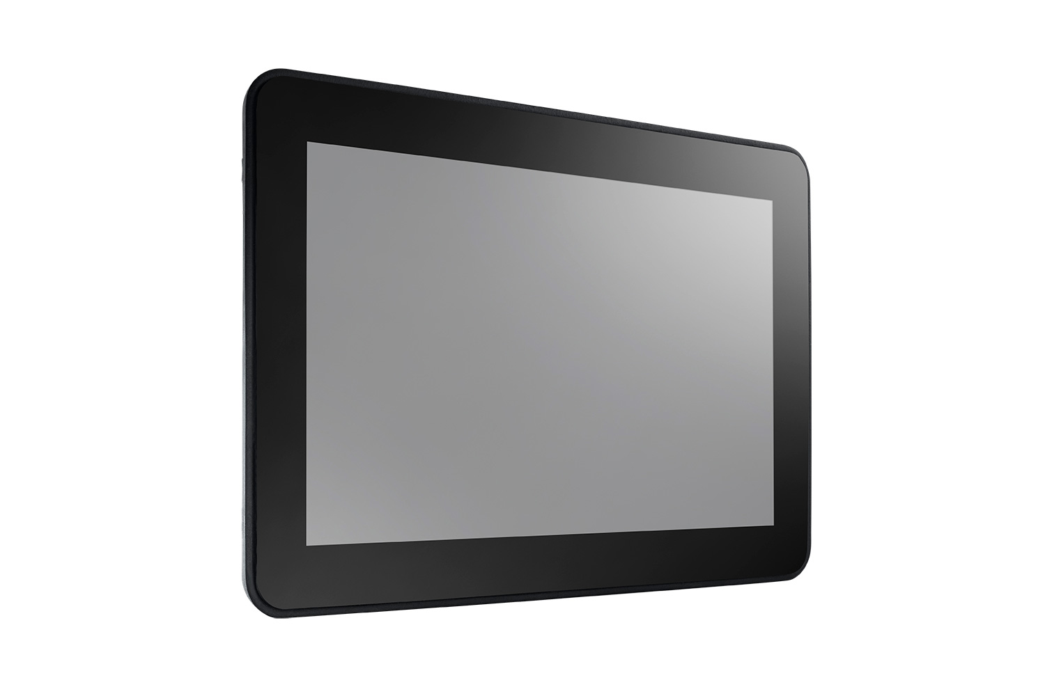 Ein schwarzes Tablet mit grauem Bildschirm ist vor weißem Hintergrund nach rechts geneigt.