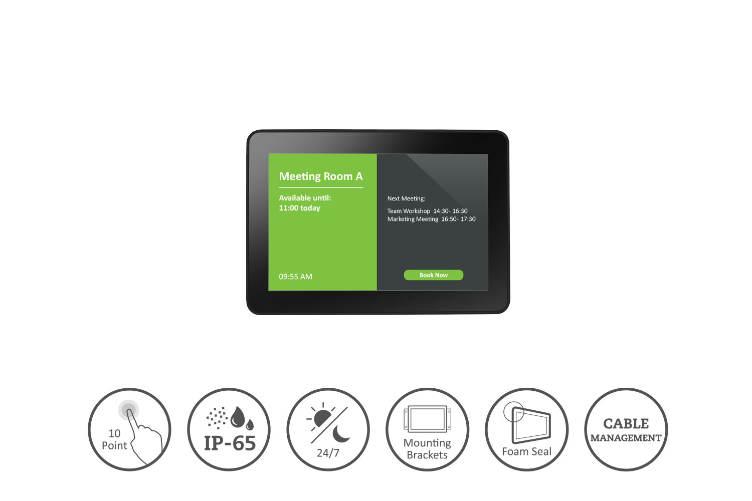 Ein Tablet zeigt Informationen zum Besprechungsraum an. Es zeigt Verfügbarkeit, Uhrzeit und bevorstehende Besprechungen. Symbole für Funktionen befinden sich unten.