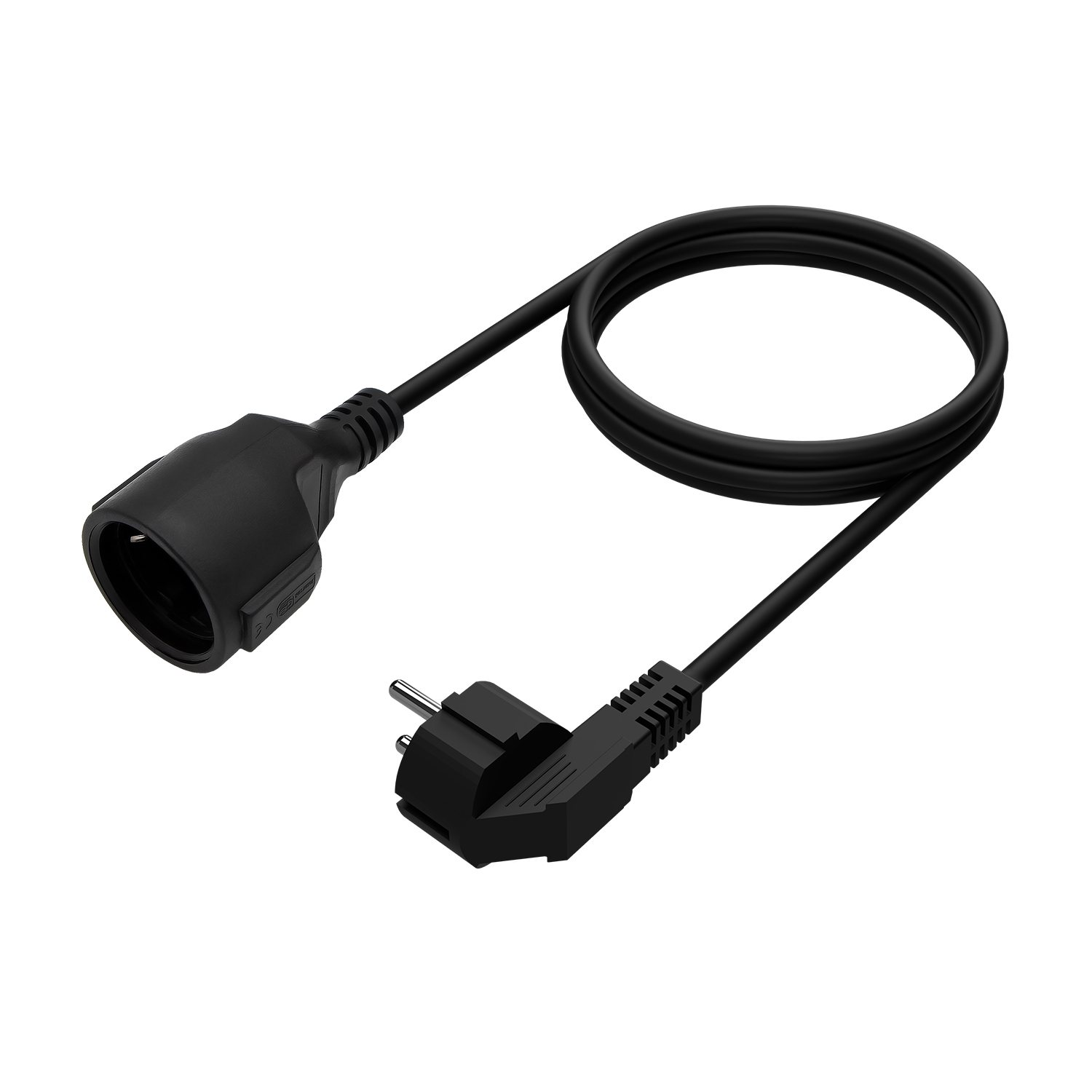 Cable de alimentación negro con enchufe hembra y macho, enrollado en el centro, sobre fondo blanco.