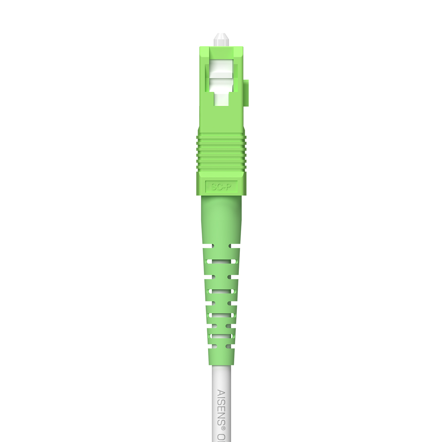 Un conector de fibra óptica verde con un cable blanco. El conector está etiquetado como 'SC-P'.