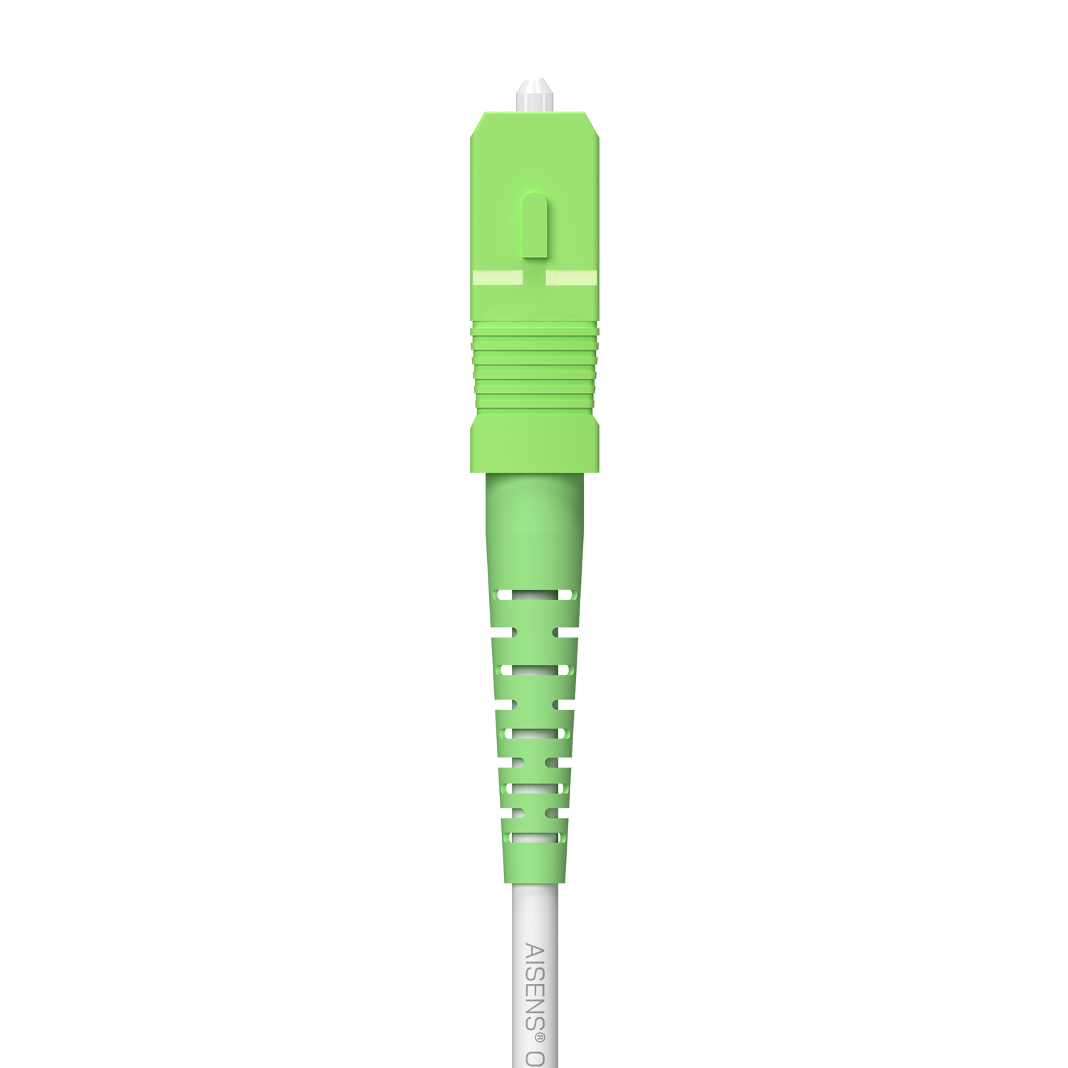 Un conector de fibra óptica verde con un cable blanco. El conector es cilíndrico con una sección acanalada y una pequeña pestaña.
