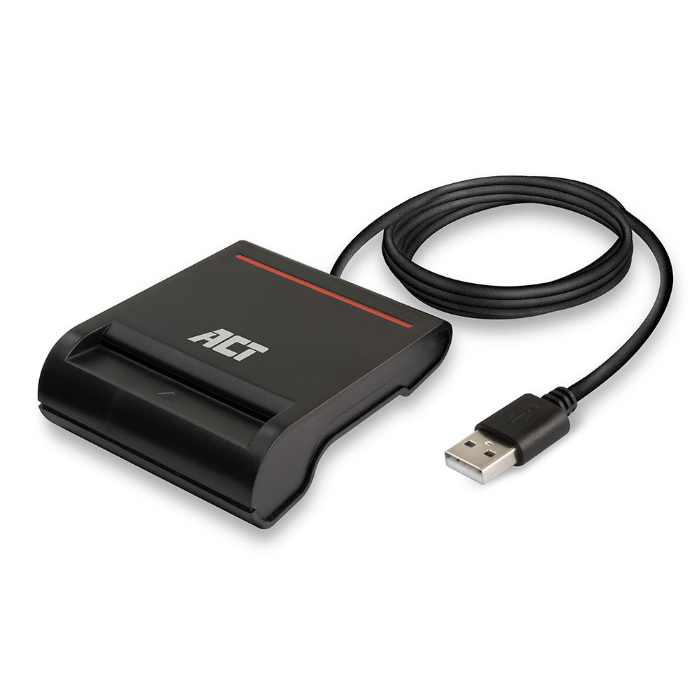 Ein schwarzes Kartenlesegerät mit rotem Streifen und USB-Kabel. Auf dem Leser steht ACT. Das Kabel ist aufgerollt.