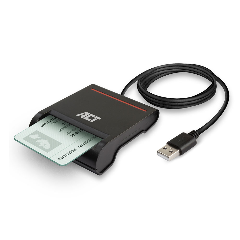 Ein schwarzes Kartenlesegerät mit einer grünen ID-Karte. Ein schwarzes USB-Kabel ist angeschlossen. Der Hintergrund ist weiß.