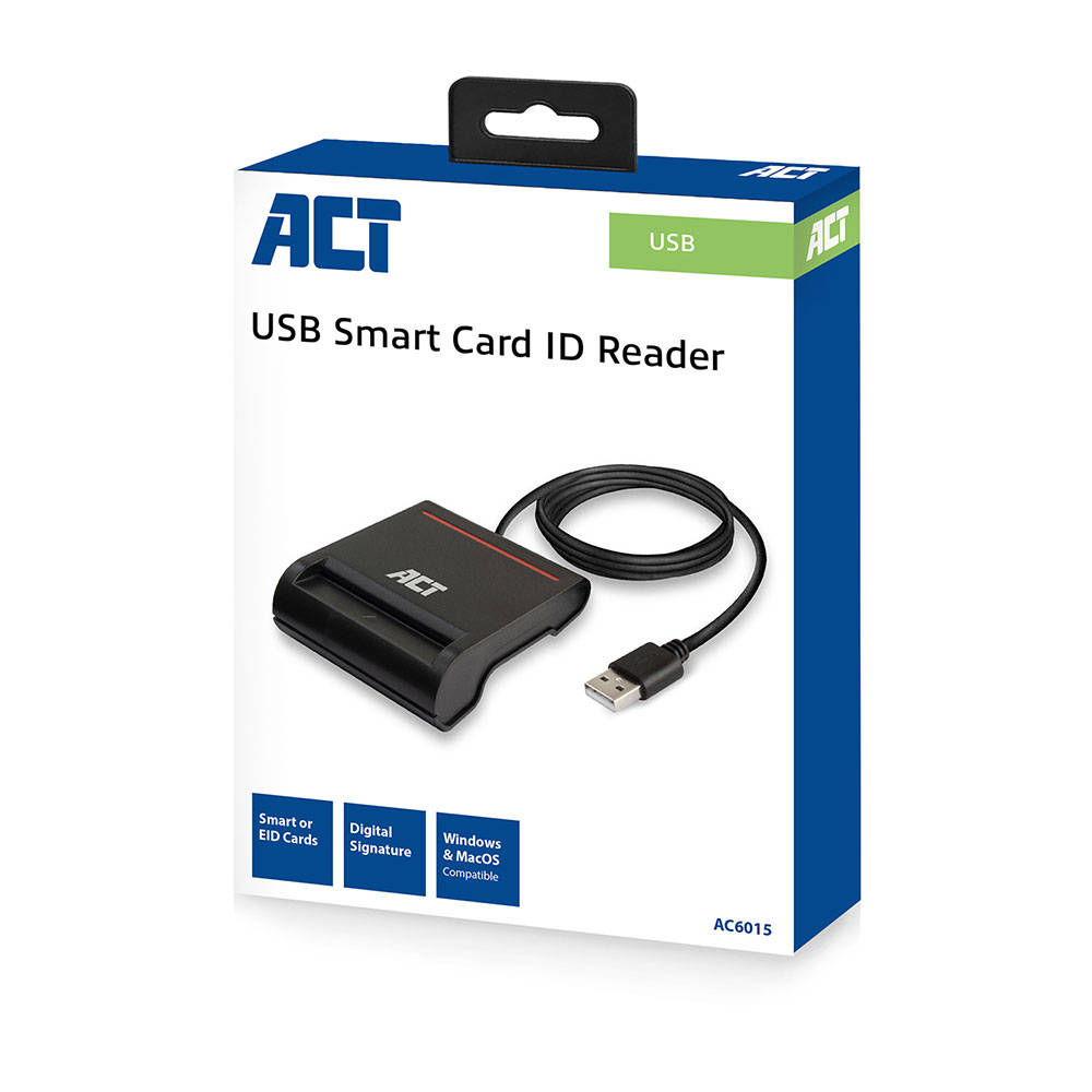 Eine Schachtel mit einem schwarzen USB-Smartcard-Leser. Die Schachtel ist weiß und blau mit der Marke 'ACT'. Es unterstützt Smartcards.
