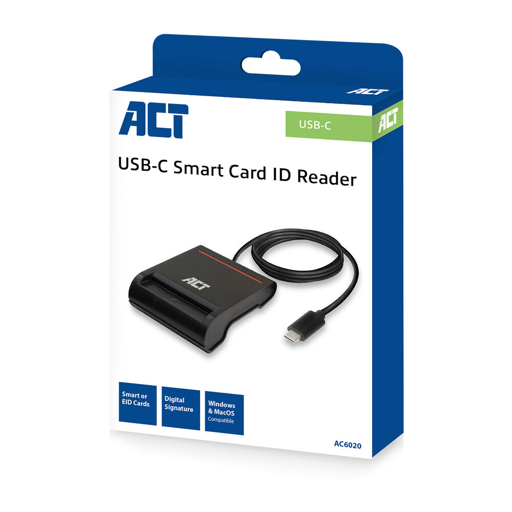 Eine weiß-blaue Schachtel zeigt einen schwarzen USB-C Smartcard-ID-Reader. Die Box hat das 'ACT'-Logo, Produktname und Funktionen.