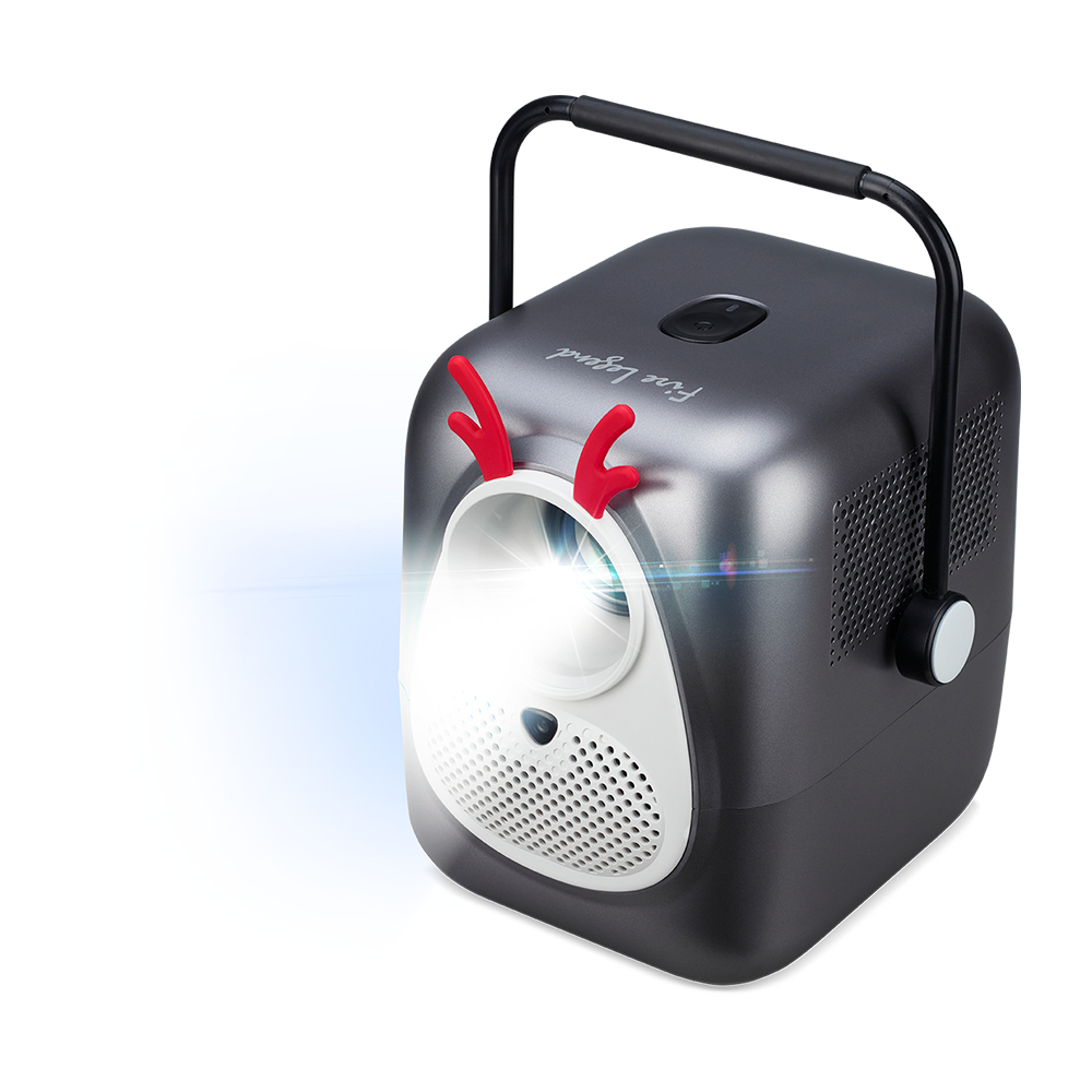 A gray projector with a white front and red antlers. It has a black handle and is projecting light. The brand name is Fire Legend.