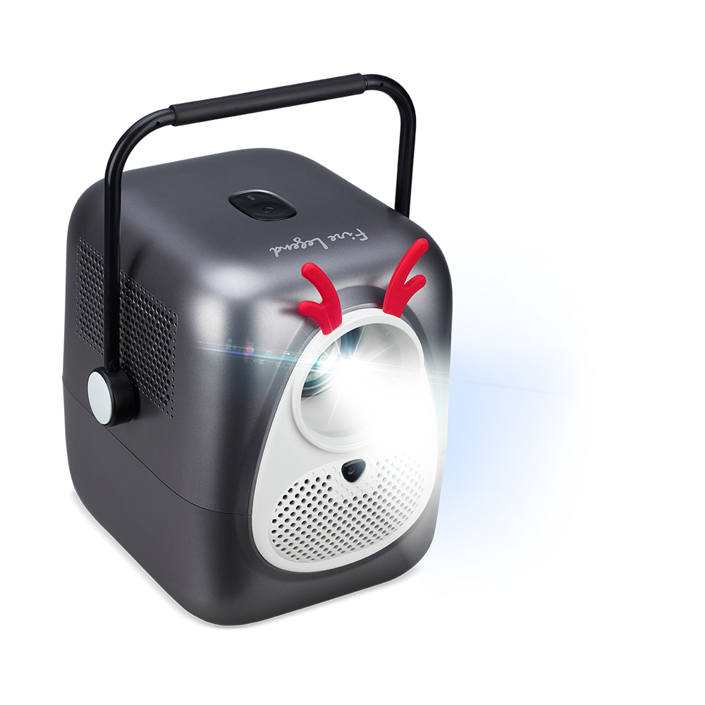 A gray projector with a black handle and red antler-shaped decorations, shining a bright light. The body has white accents.