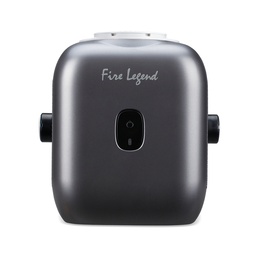 A dark gray rectangular device with rounded corners. It has the text 'Fire Legend' and a power button. Two black knobs are on the sides.