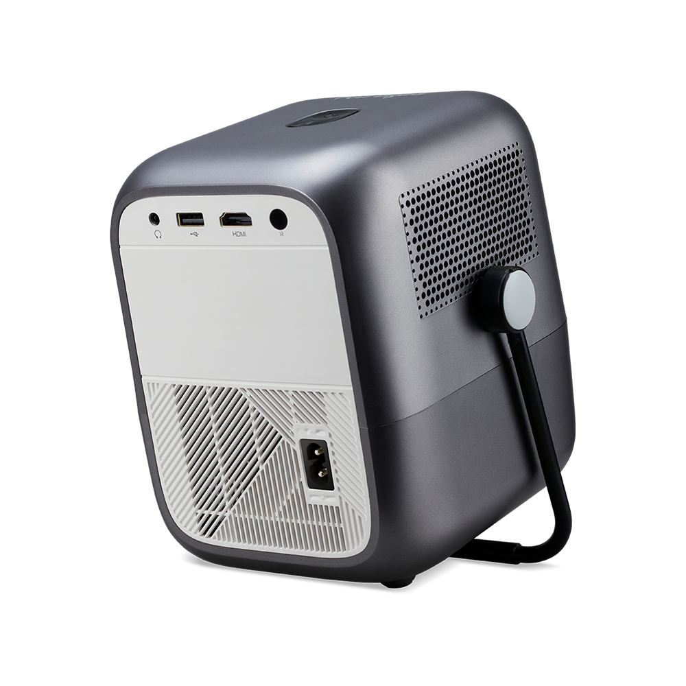 A gray projector with a white back. It has a handle and various ports. The back has a vent and power input.