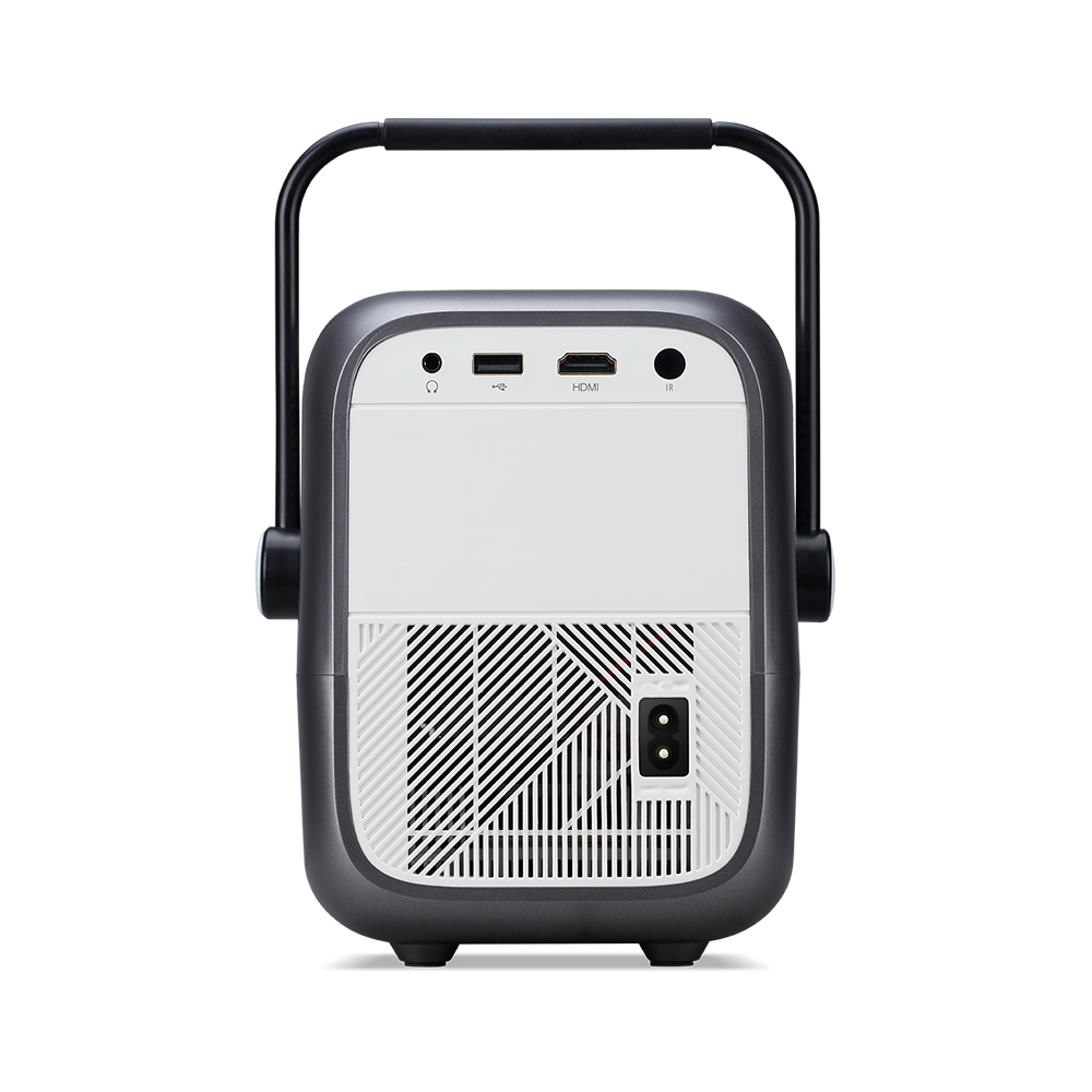 A gray and white projector with a black handle. It has ports for HDMI, USB, and audio. A power port is on the bottom.