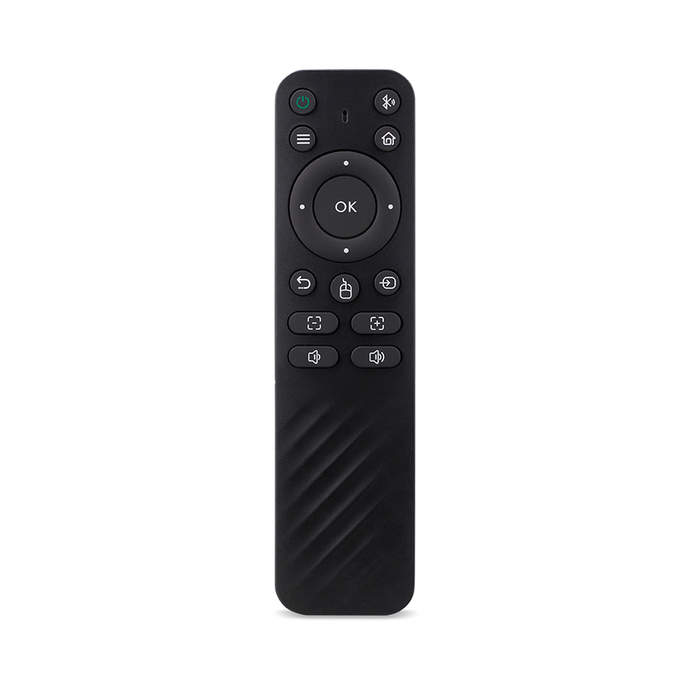 A black remote control with various buttons, including power, home, and volume controls, against a white background.