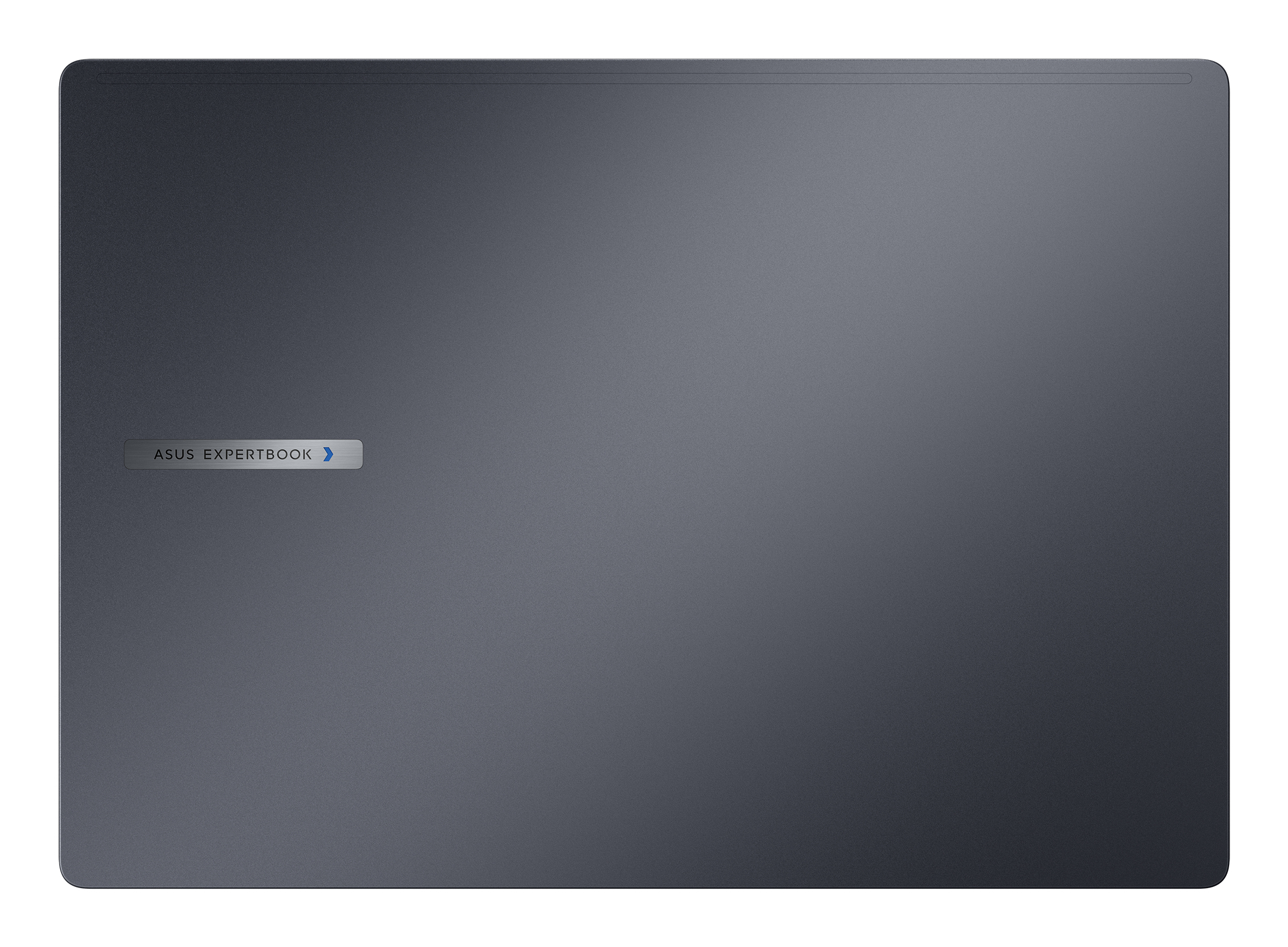 Ciemnoszara pokrywa laptopa z logo ASUS EXPERTBOOK. Pokrywa ma teksturowaną powierzchnię i zaokrąglone rogi.