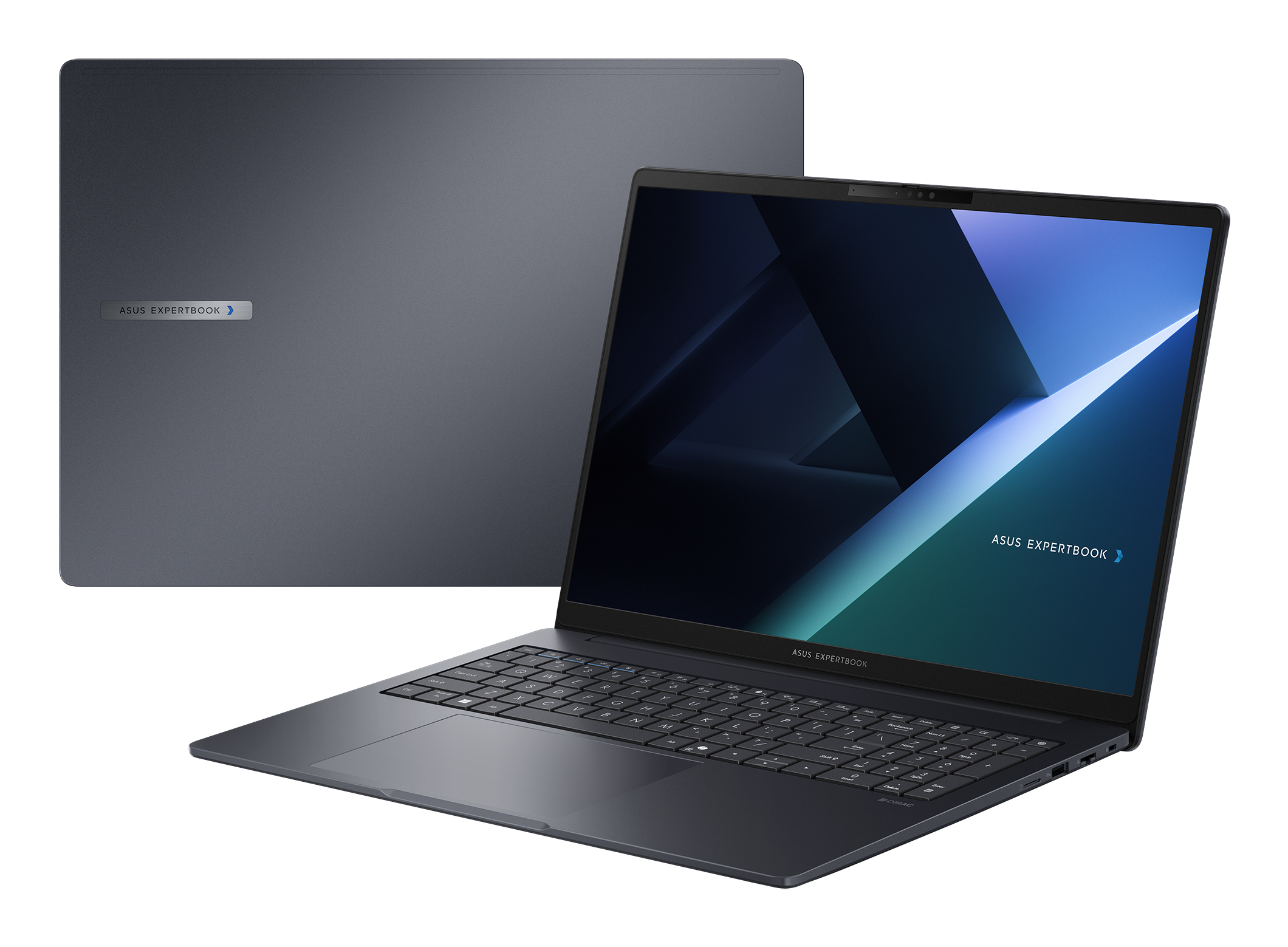 Ciemnoszary laptop ASUS ExpertBook. Ekran jest otwarty, wyświetla niebiesko-zielony gradient. Za nim jest druga pokrywa laptopa.