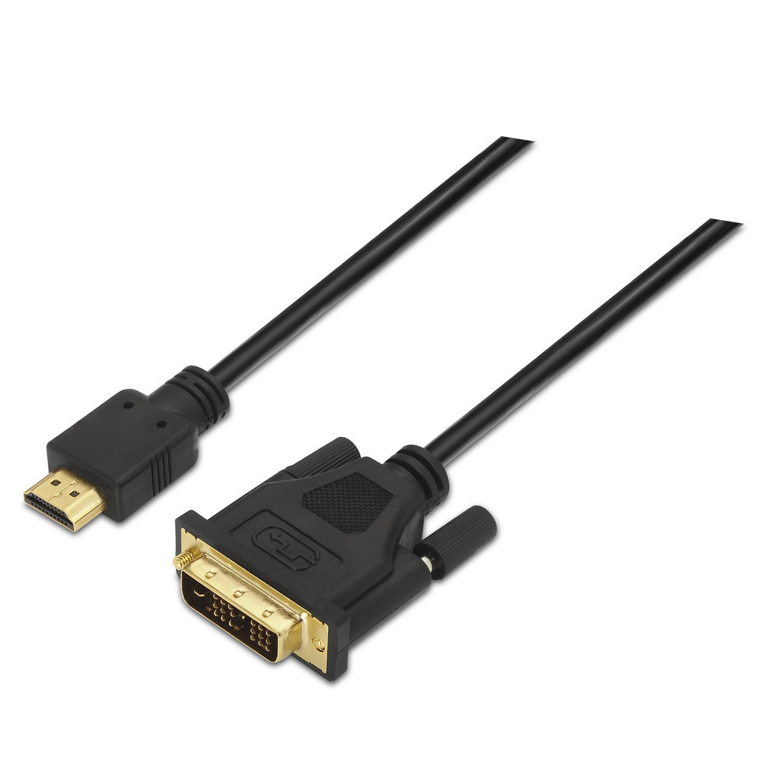 Czarny kabel HDMI do DVI na białym tle. Złącze HDMI po lewej, DVI po prawej. Oba złącza są czarne i złote.
