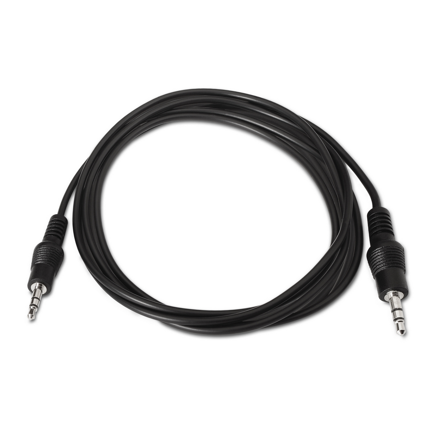 Un cable de audio negro con dos conectores jack de 3,5 mm. El cable está enrollado sobre una superficie blanca.