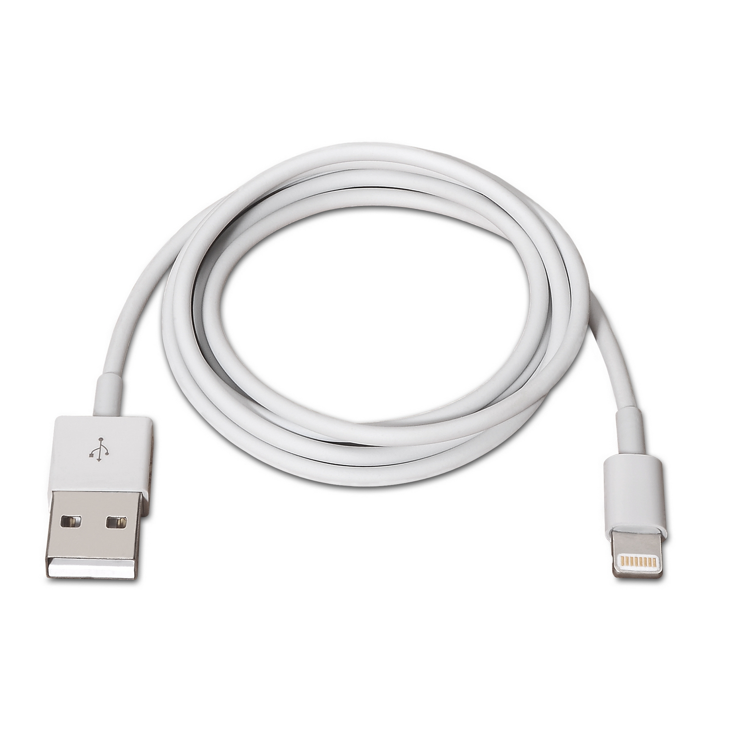 Un cable de carga blanco, enrollado. Conector USB en un extremo, conector Lightning en el otro. El fondo es blanco.