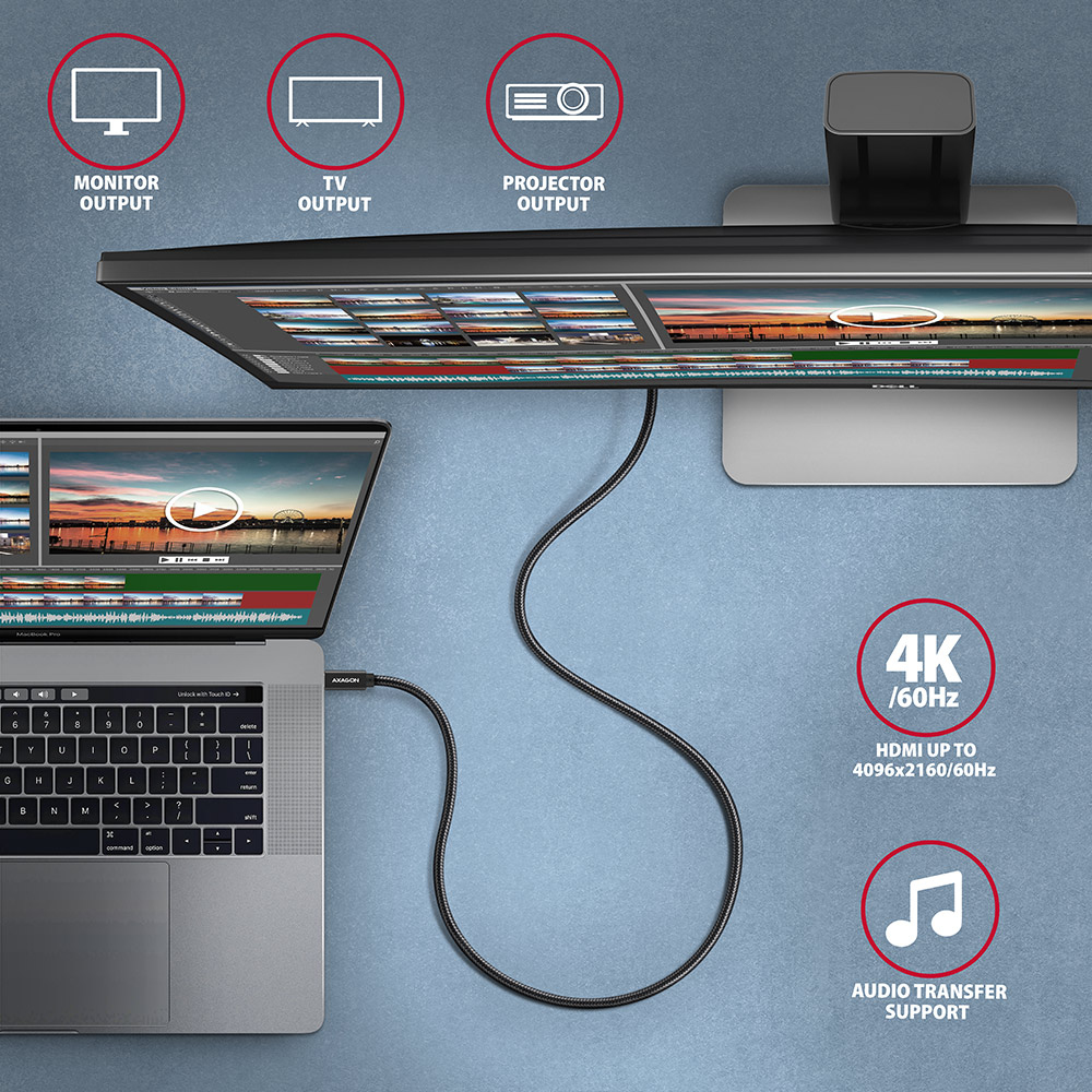 Un ordinateur portable connecté à un moniteur et un écran. La configuration prend en charge la 4K/60Hz et le transfert audio. Icônes pour moniteur, TV et projecteur.
