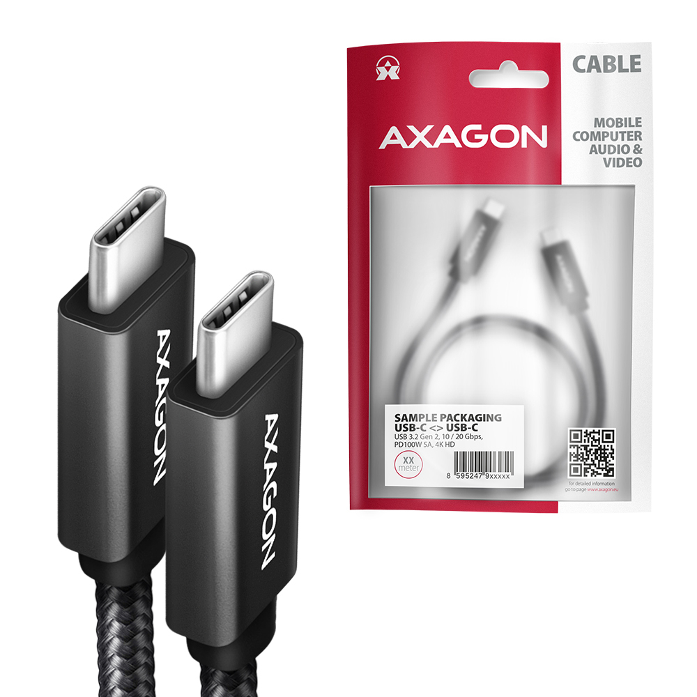 Deux câbles USB-C noirs, étiquetés AXAGON, à côté de l'emballage du produit. L'emballage montre une image du câble et des détails du produit.