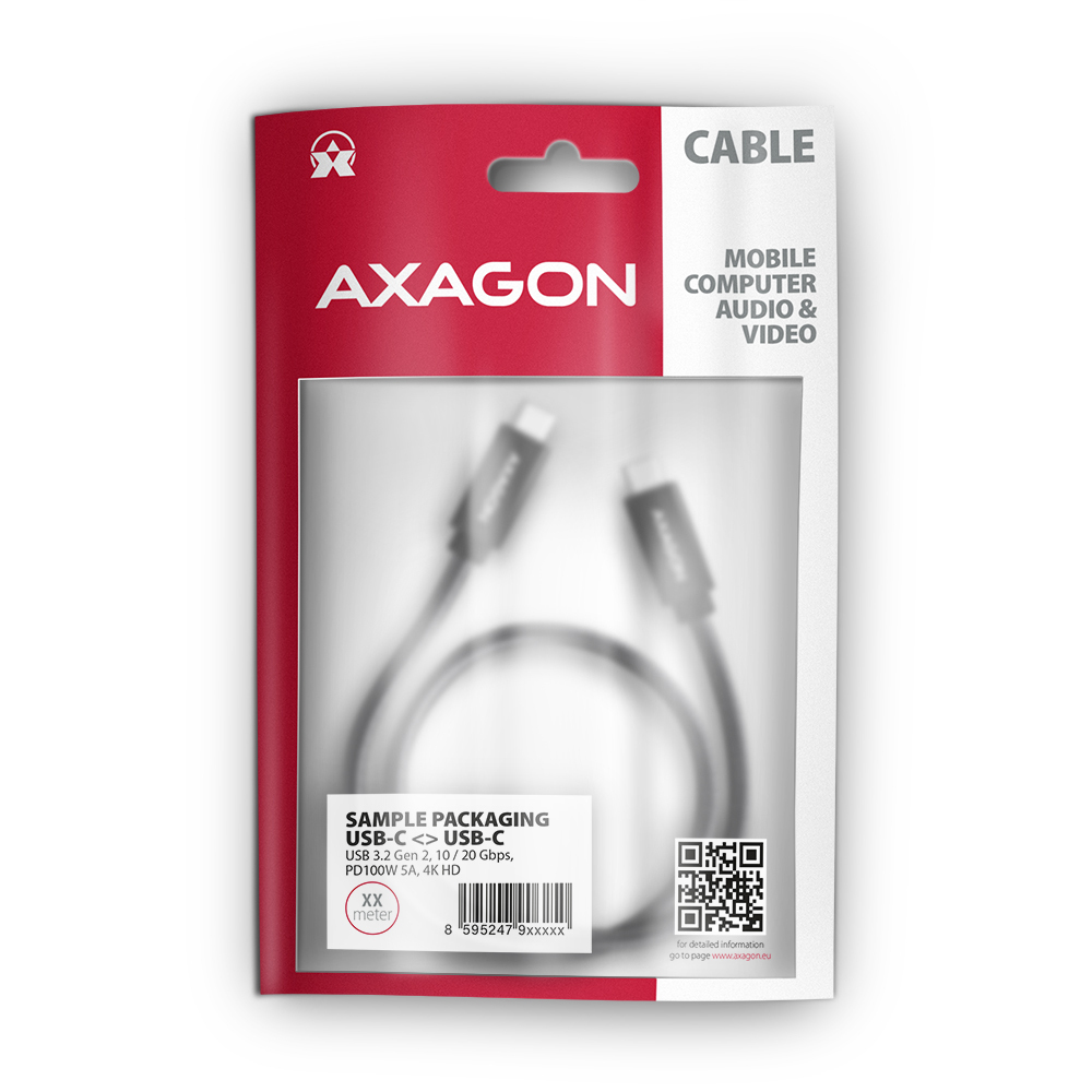 Un emballage de câble USB-C. L'emballage est blanc et rouge, avec la marque AXAGON. Les détails du câble sont également visibles.