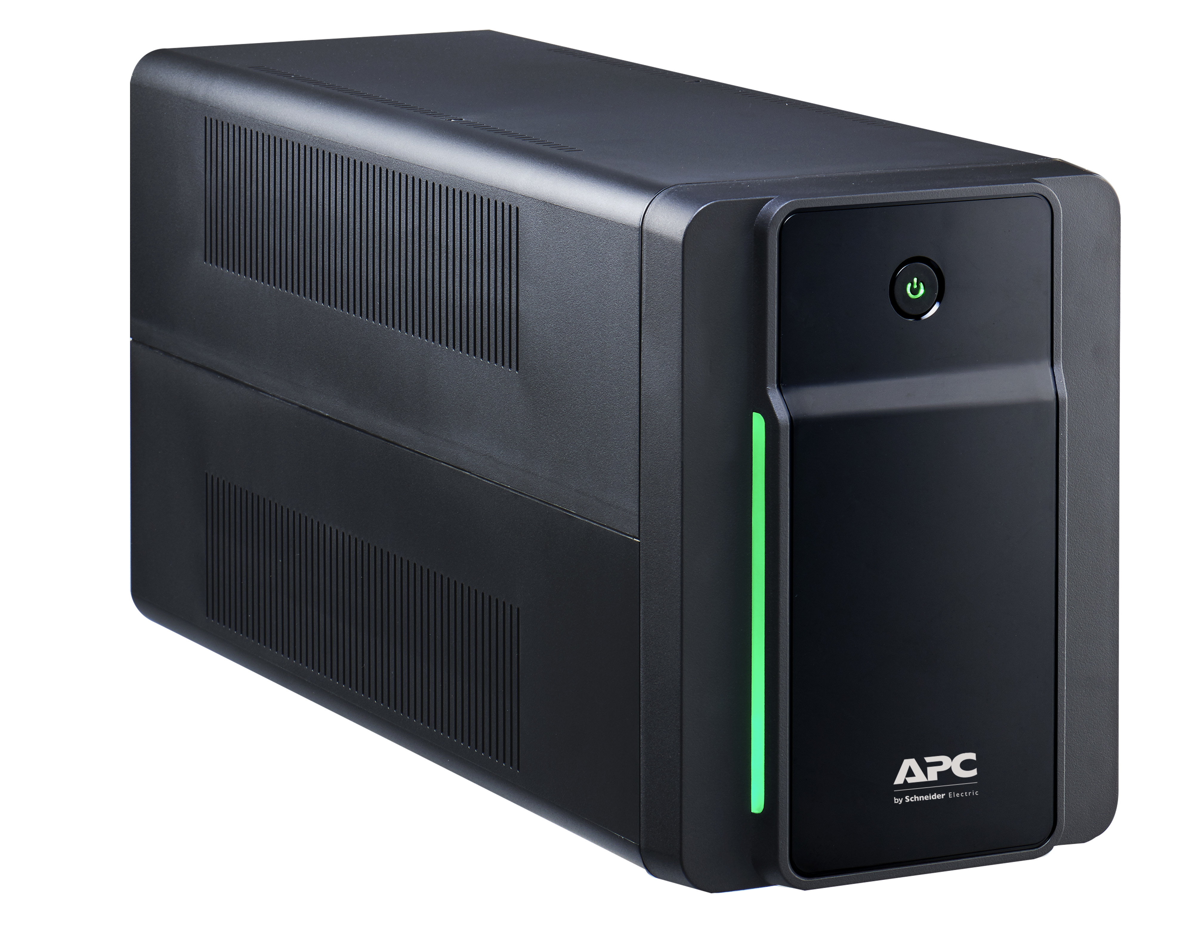 Schwarze APC USV mit grüner Betriebsanzeige. Sie hat Lüftungslöcher und das APC-Logo.