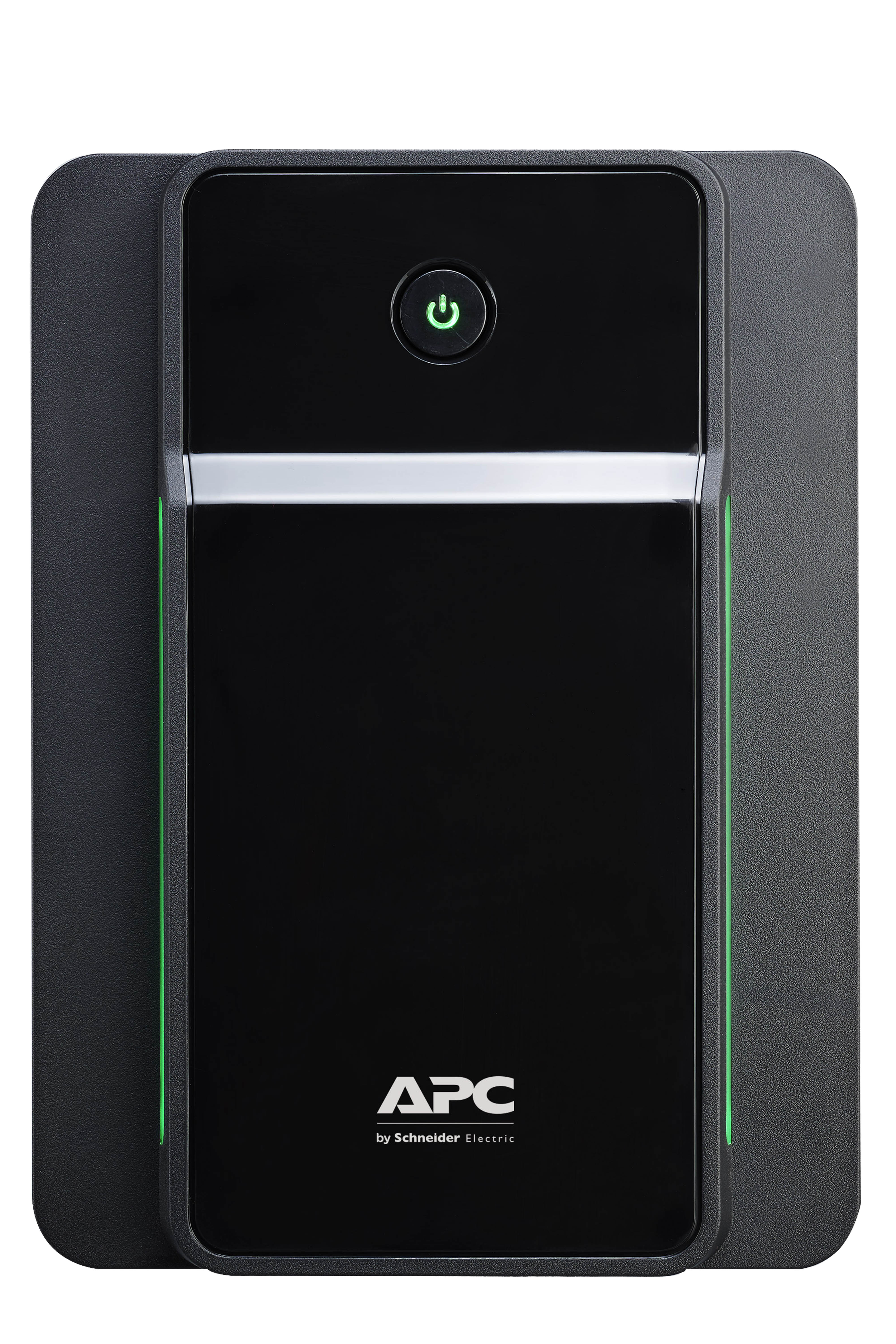 Schwarze APC USV mit grünem Einschalter. Grauer strukturierter Rahmen. APC by Schneider Electric Logo.