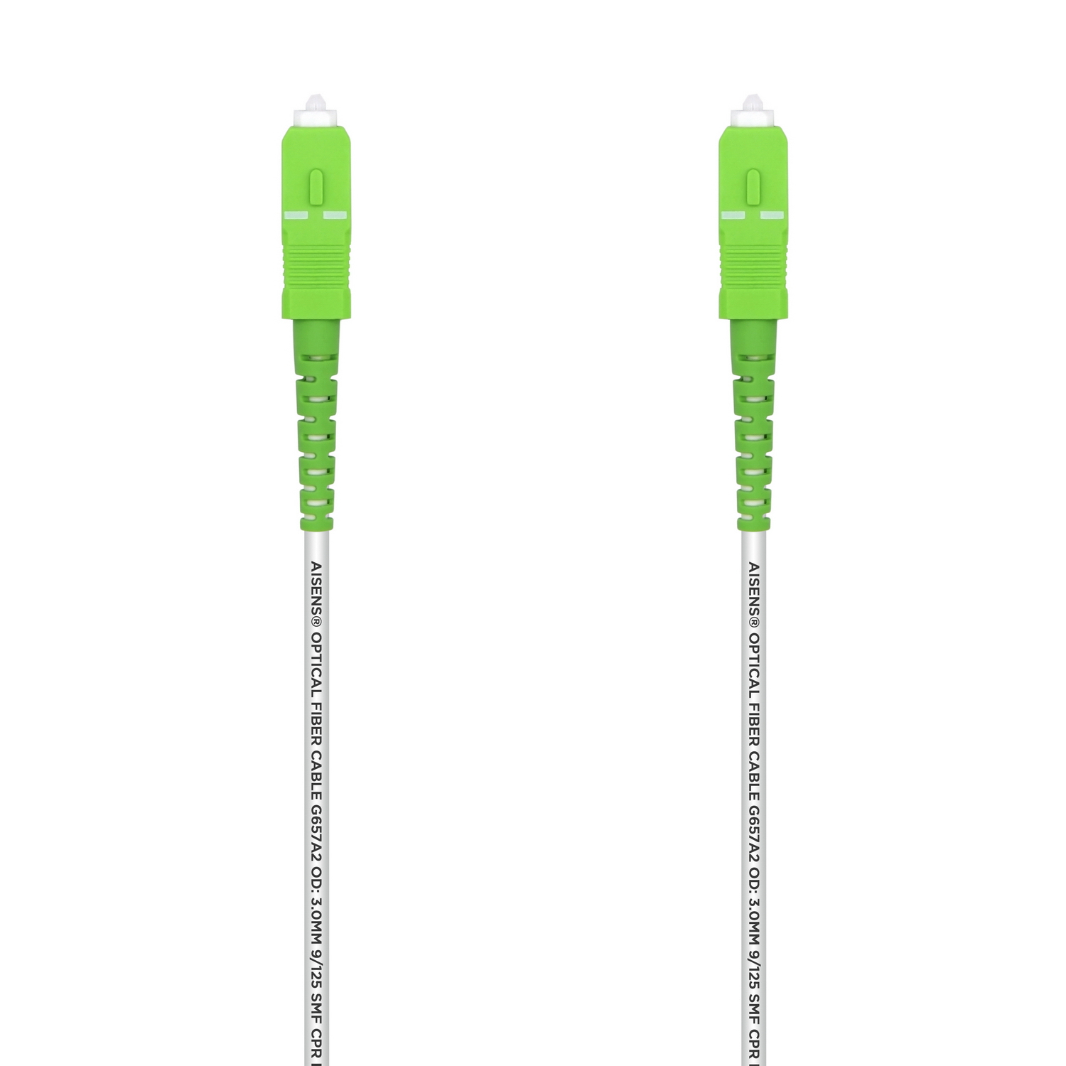 Dos cables de fibra óptica verdes con conectores blancos sobre fondo blanco. Cada cable tiene texto: AISENS OPTICAL FIBER CABLE...