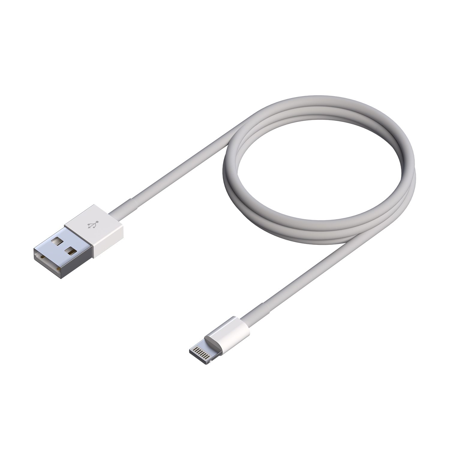 Un cable de carga USB blanco se muestra sobre un fondo blanco. Un extremo es USB, el otro es Lightning. El cable está enrollado.