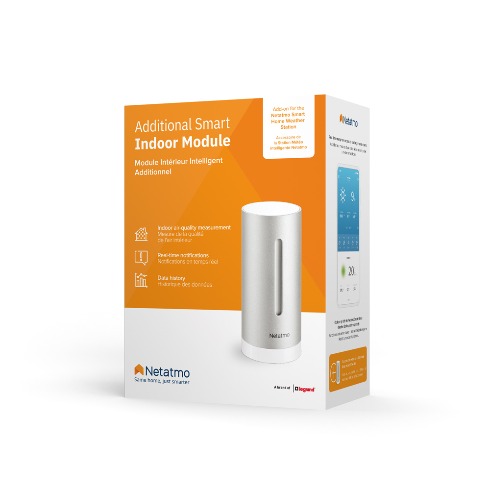 Box with Netatmo Smart Indoor Module. It shows a device and a phone displaying air quality and temperature readings.