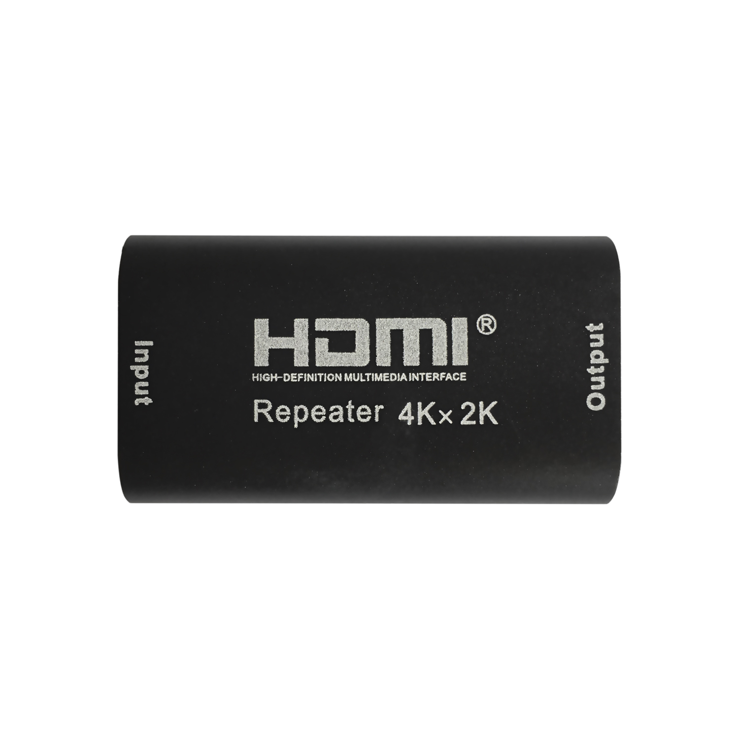 Un repetidor HDMI negro con etiquetas 'Entrada' y 'Salida'. El logotipo HDMI y 'Repeater 4Kx2K' son visibles.